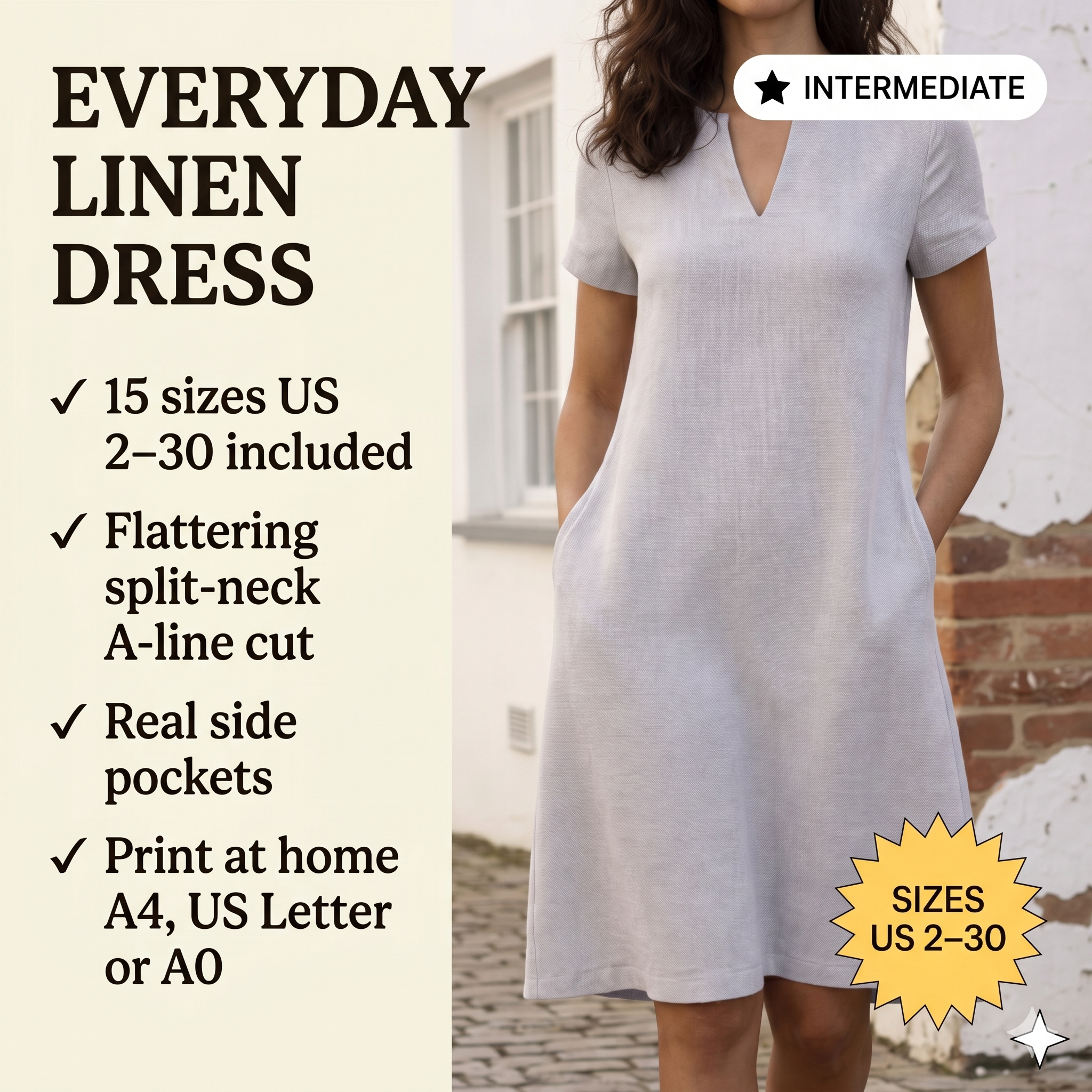 Pocketed Linen Dress Pattern, Women Dress Patterns, Fall Dresses, Summer Sewing Size:US2-30 (A0-A4-USLETTER)