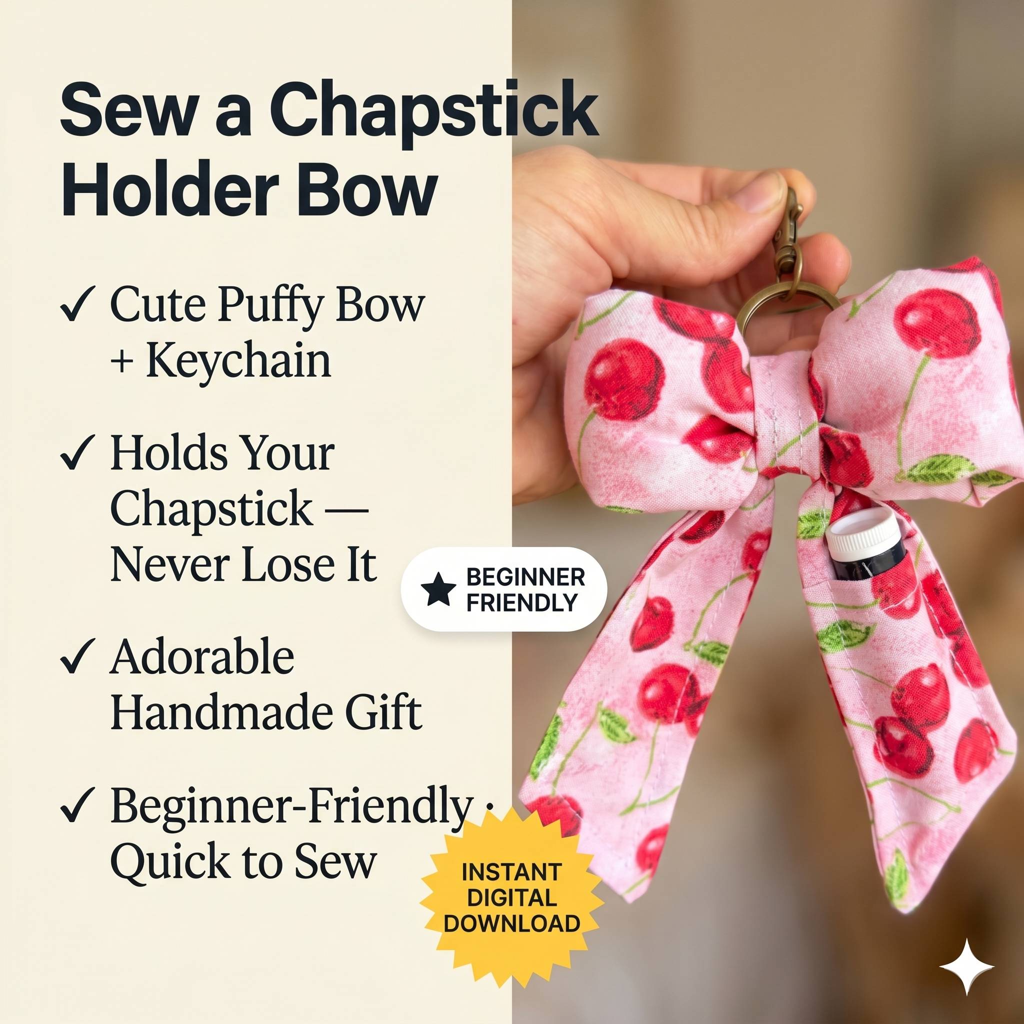 Puffy Bow, Chapstick Holder Keychain- PATTERN ONLY