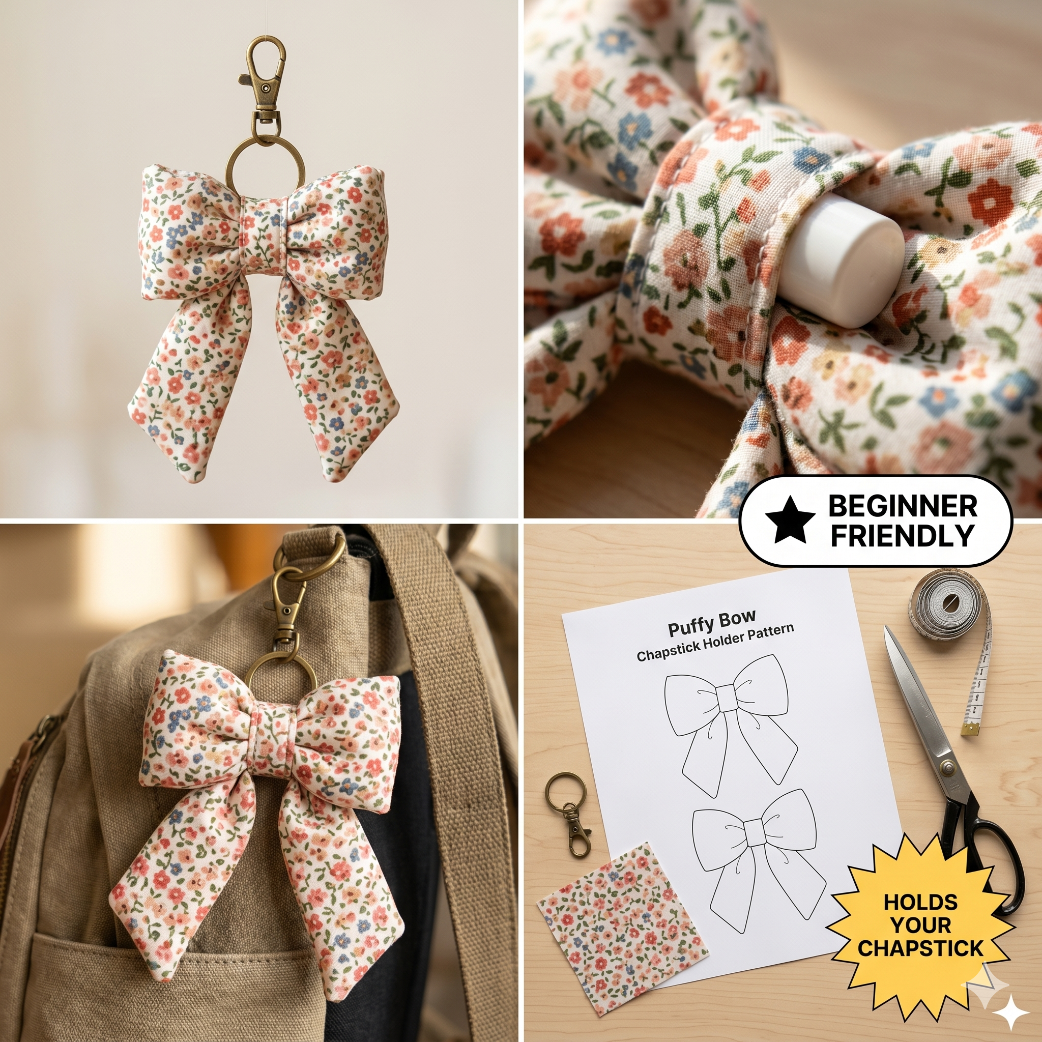 Puffy Bow, Chapstick Holder Keychain- PATTERN ONLY