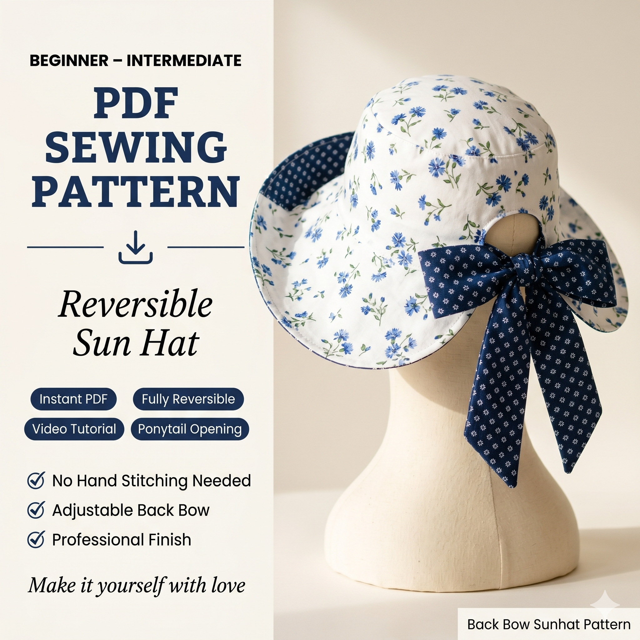 PDF -Reversible Back Bow Sunhat Sewing Pattern : Digital Download (NO Written Instructions)