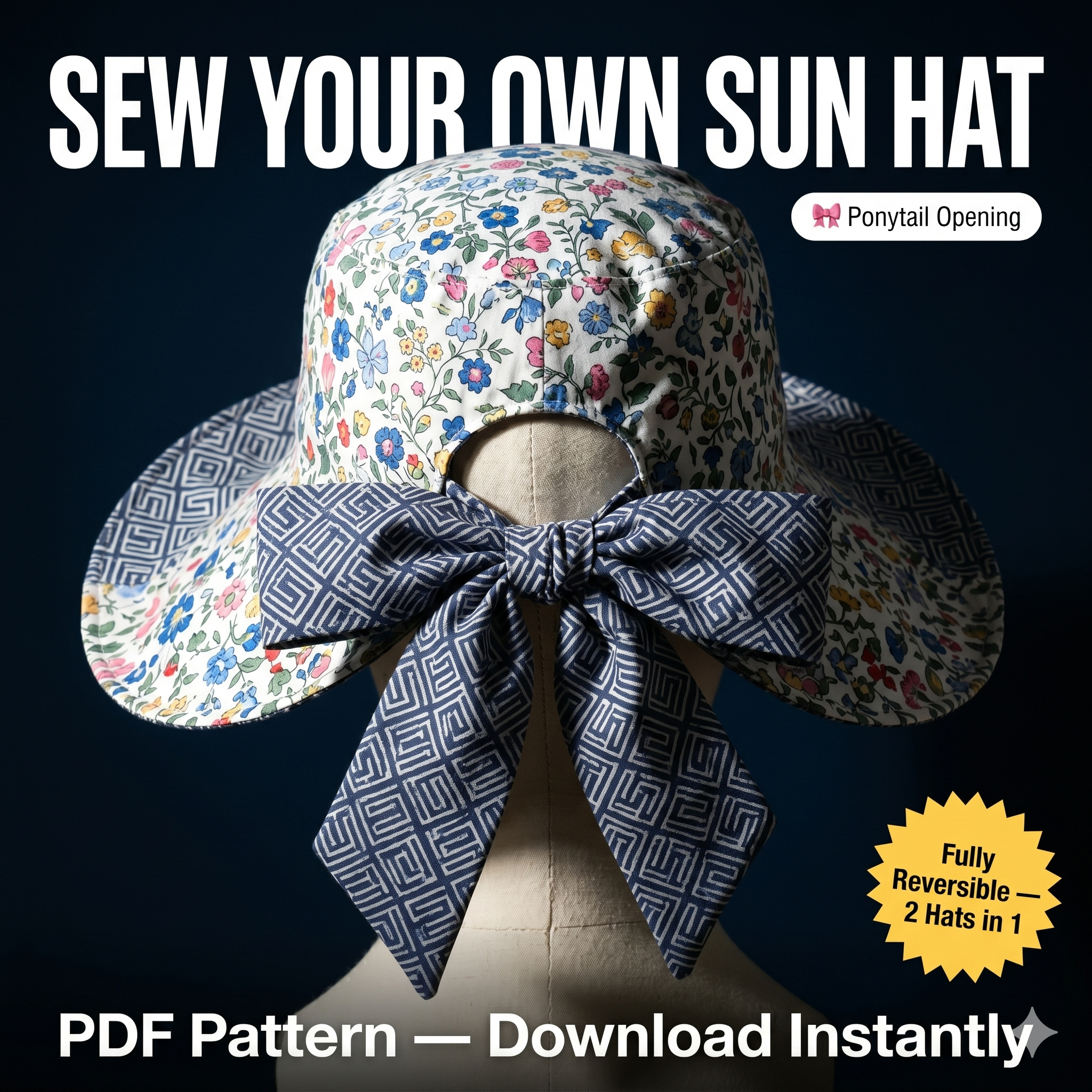 PDF -Reversible Back Bow Sunhat Sewing Pattern : Digital Download (NO Written Instructions)