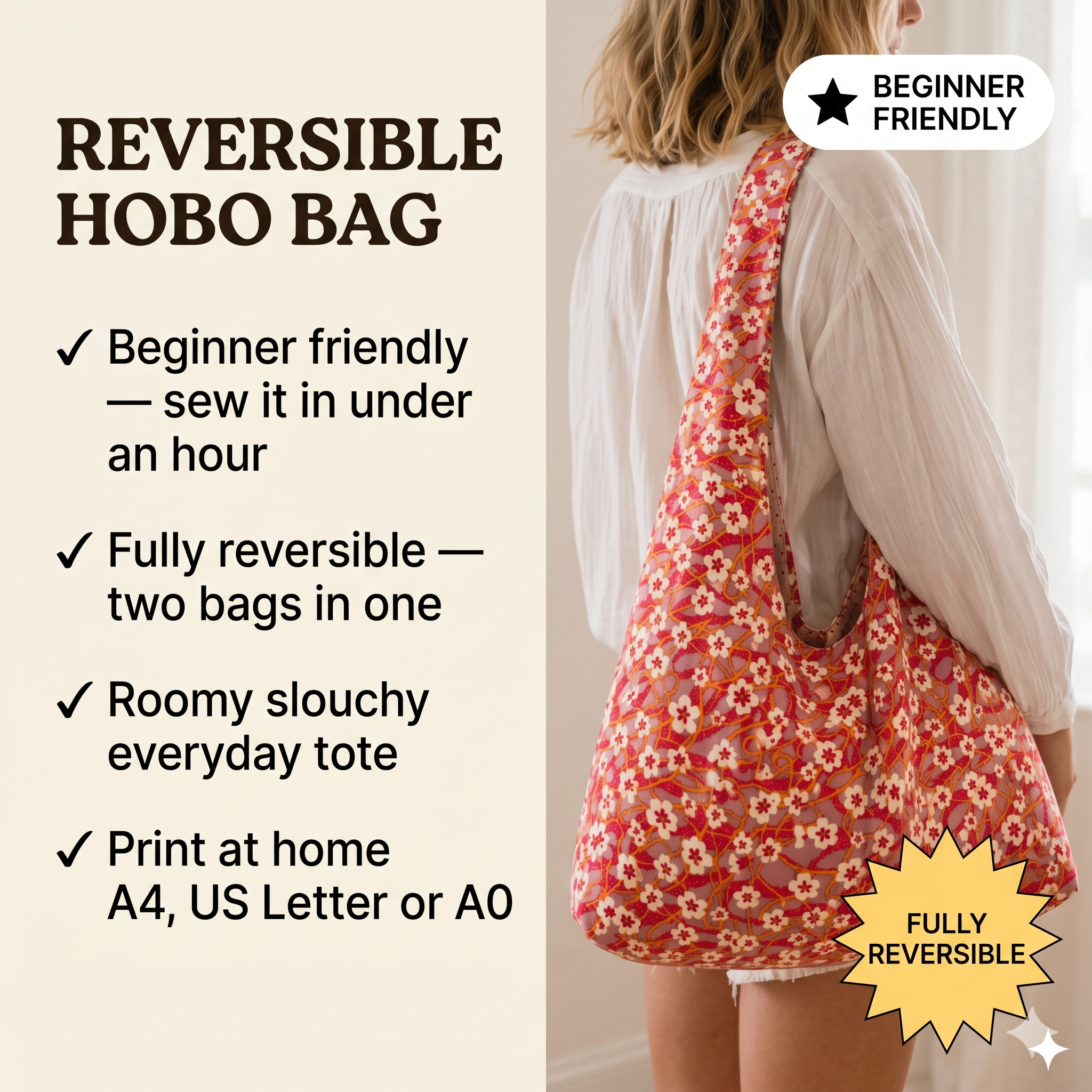 Reversible Hobo Bag Sewing Pattern, Beginner Friendly Tote Bag PDF, Video Tutorial