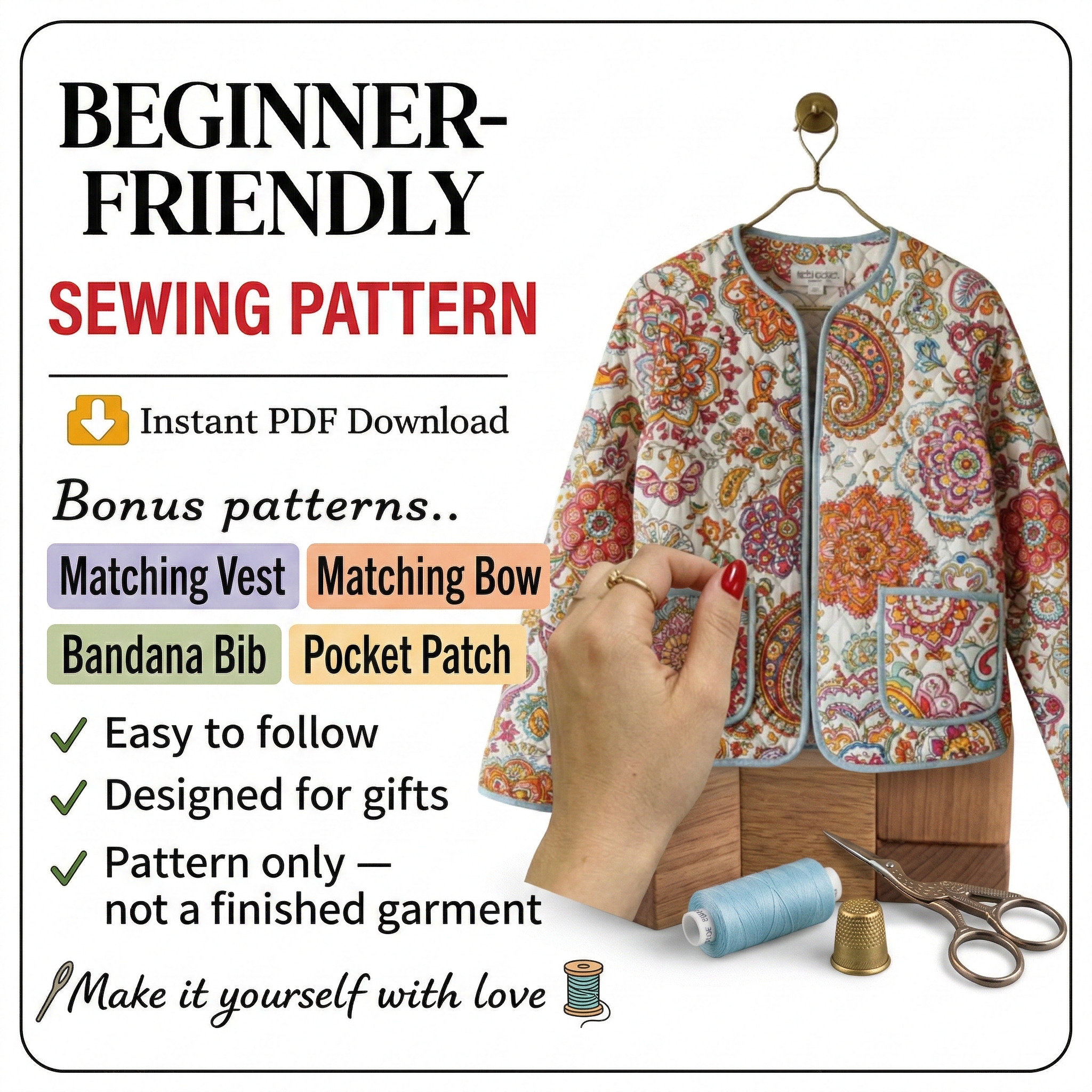 Rosa Quilted Jacket Sewing Pattern | Beginner Friendly, Sizes XXS-4XL (Instant Download)