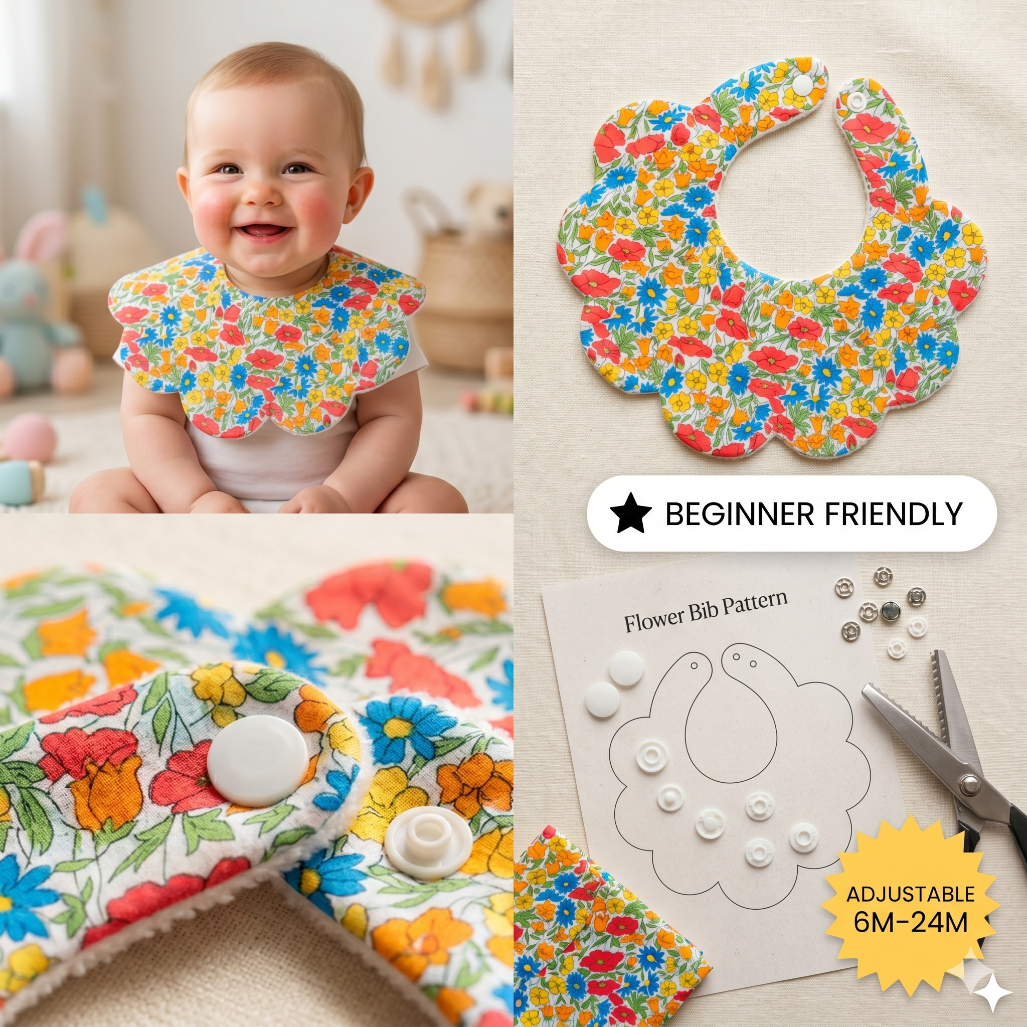 Scalloped baby bib sewing pattern, Flower bib, The original Flower bib pattern.