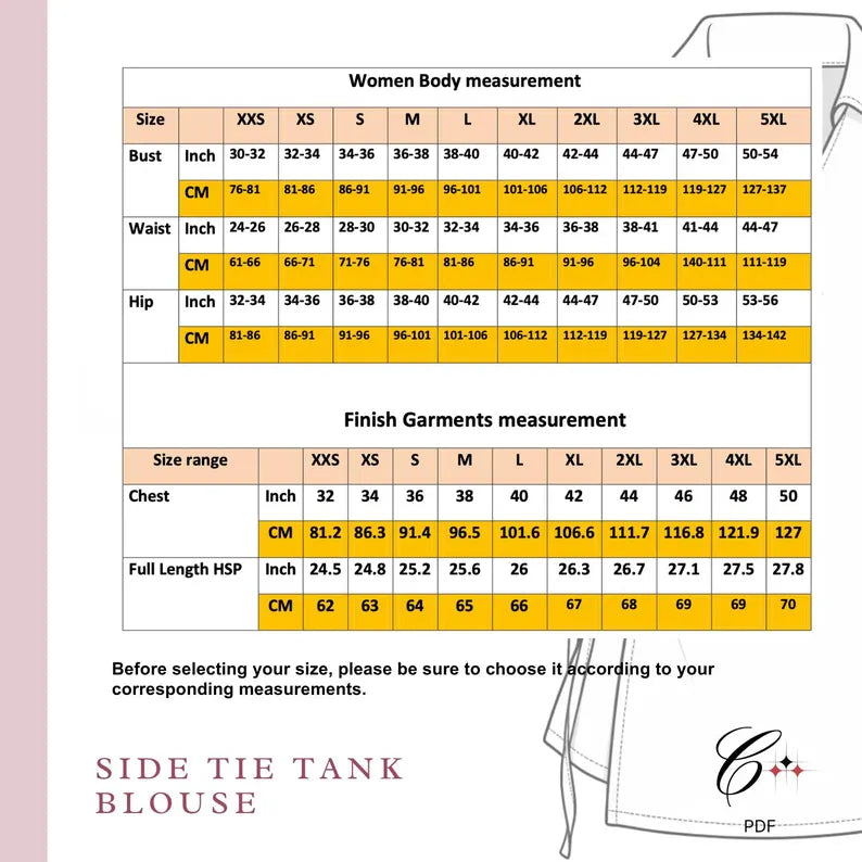 Side Tie Tank blouse Sewing Pattern | Beginner Friendly, Sizes XXS 5XL (Instant Download)