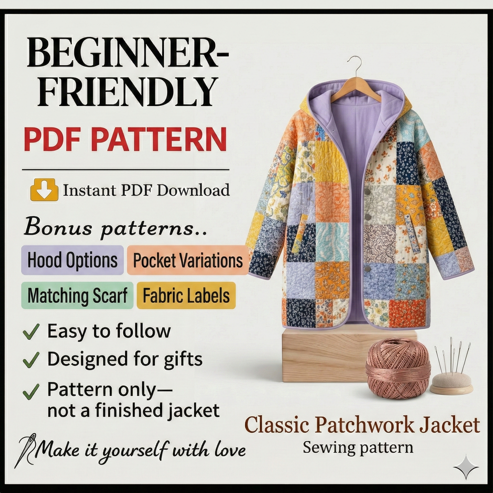 Siena Quilt Coat Sewing Pattern | Beginner-Friendly, XXS-4XL (Instant Download)