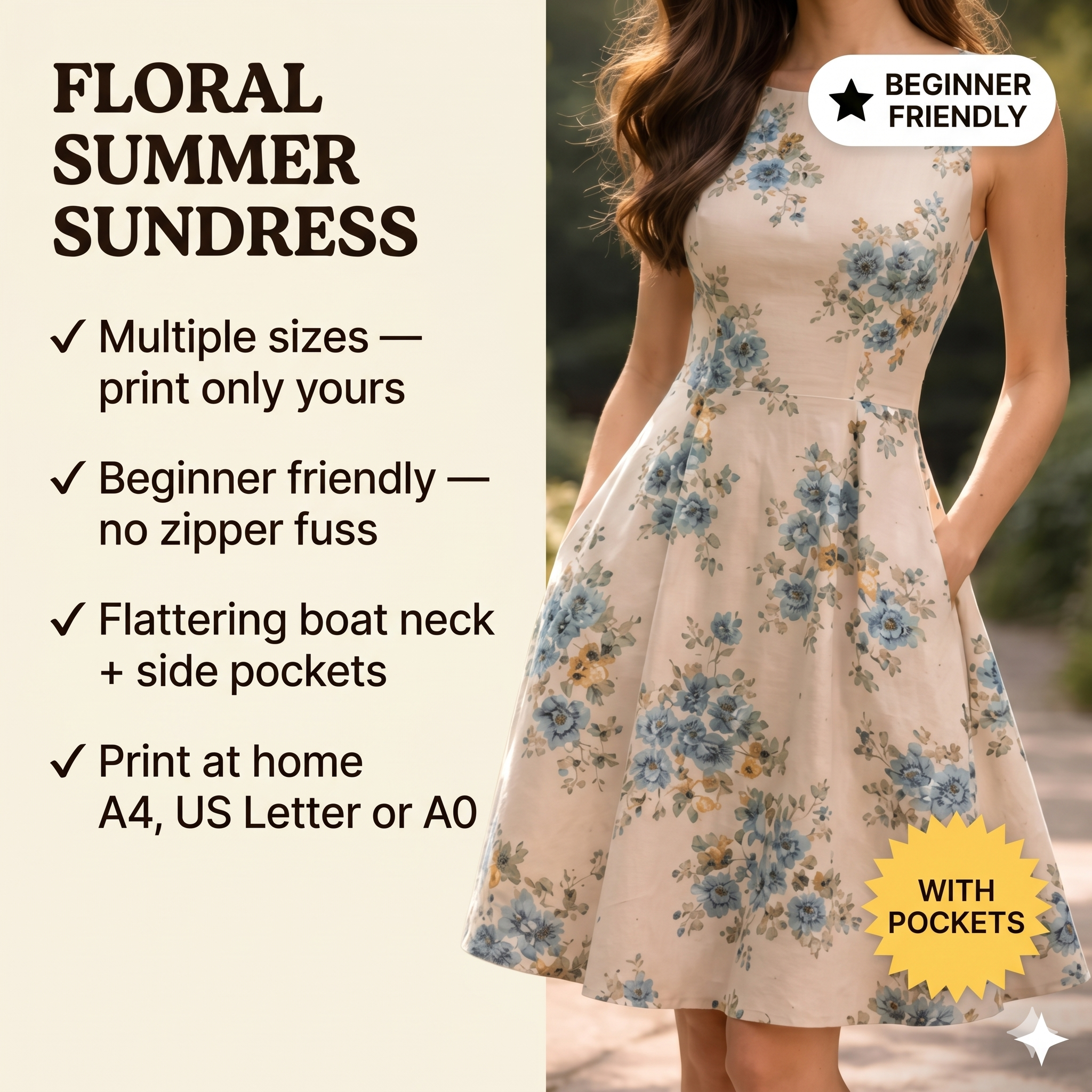 Sundress Sewing Pattern Boat Neckline Sleeveless Dress Beginner Friendly Tutorial A Line Outfit
