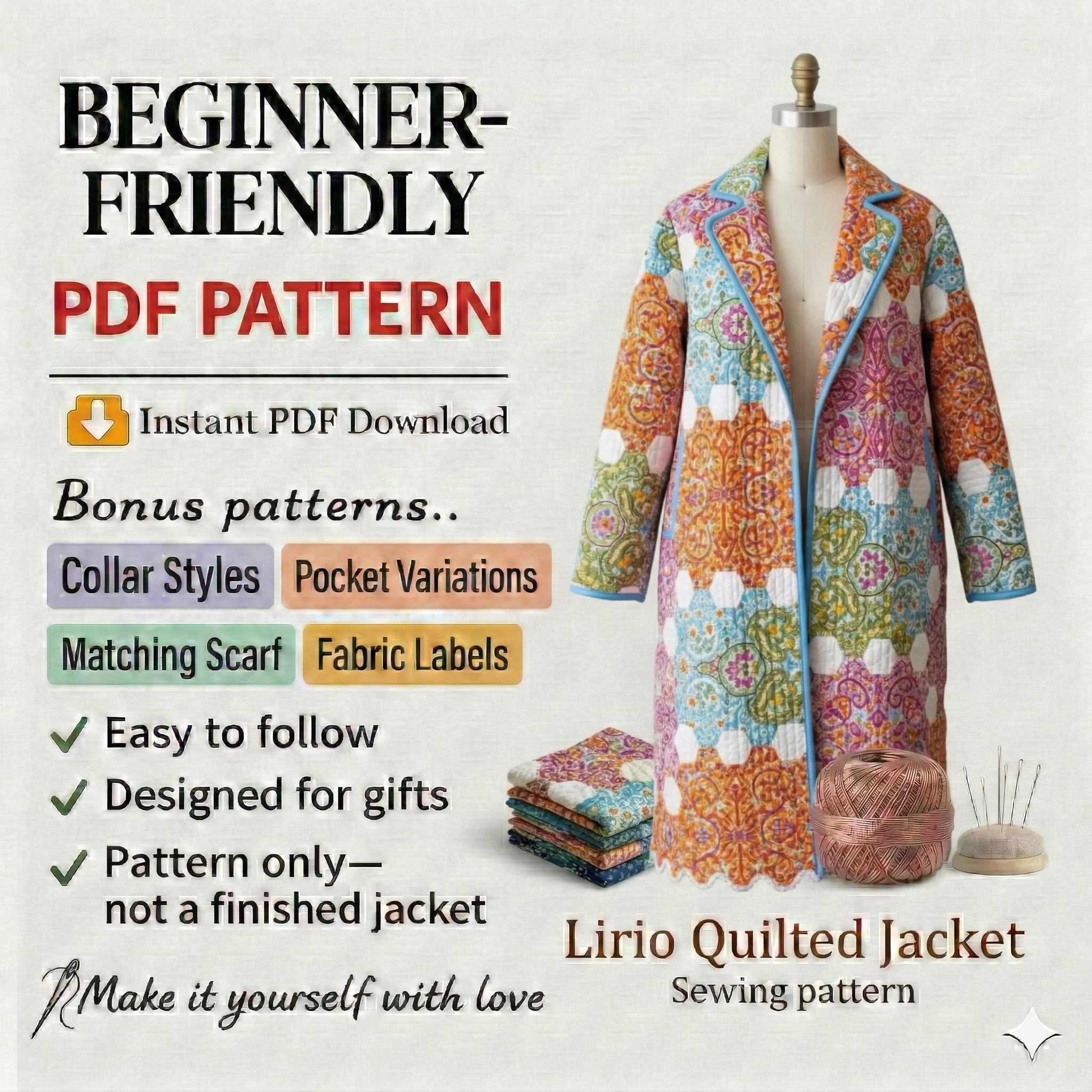 Sunset Patchwork Coat Sewing Pattern | Beginner-Friendly, XXS-4XL (Instant Download)