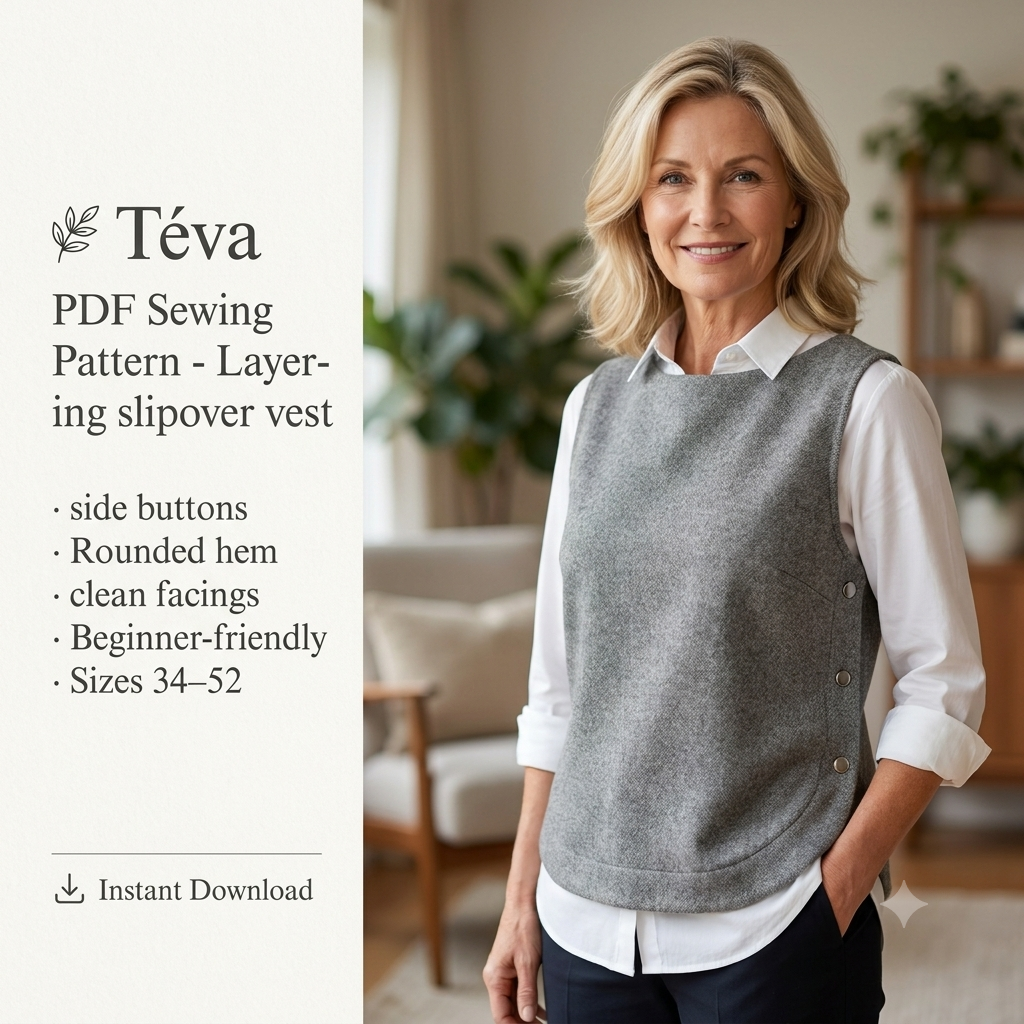 Téva Slipover Sewing Pattern – PDF Layering Vest Pattern – Sizes 34 to 52 EU – Sleeveless Knit Top with Side Buttons – Beginner Knit Project – Instant Download