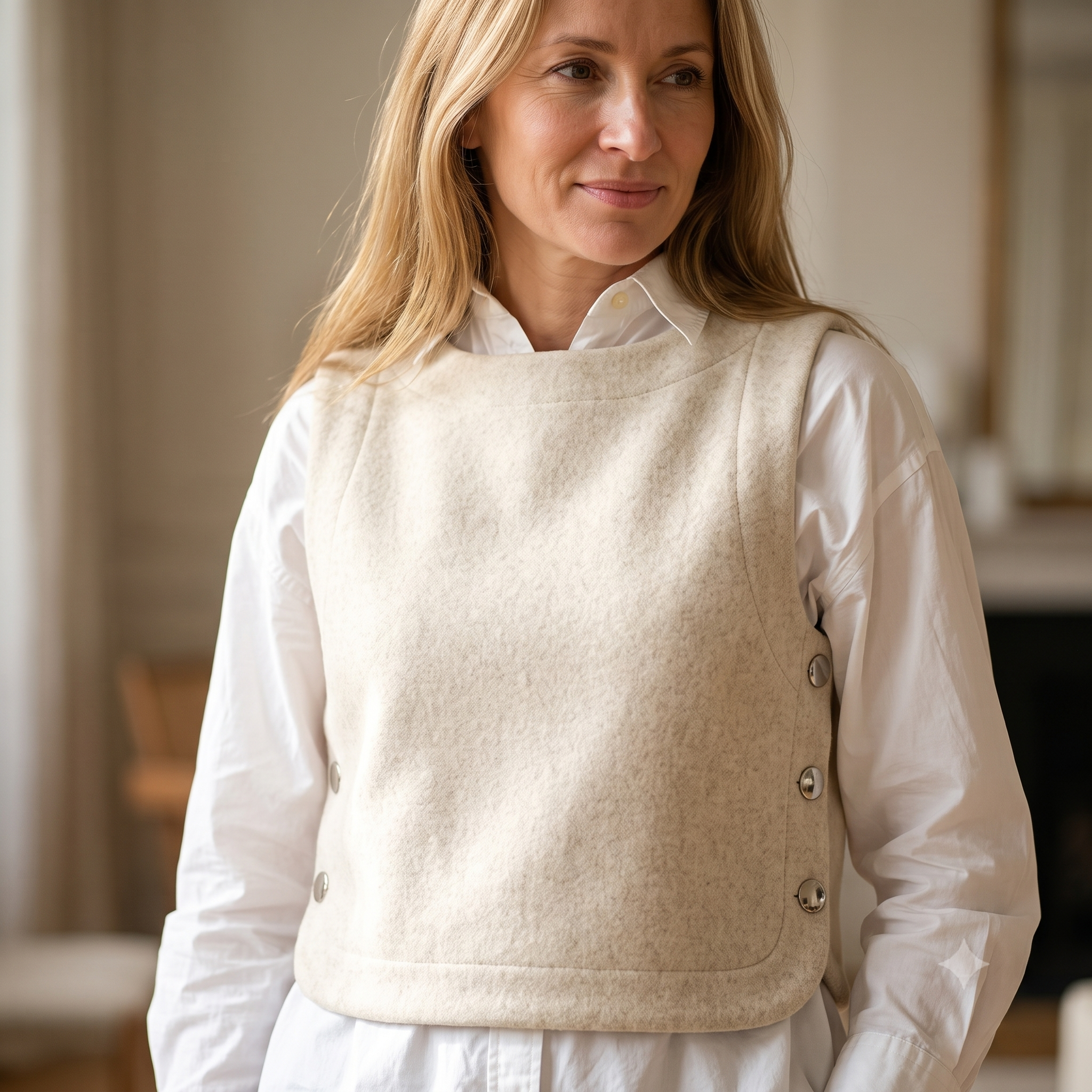 Téva Slipover Sewing Pattern – PDF Layering Vest Pattern – Sizes 34 to 52 EU – Sleeveless Knit Top with Side Buttons – Beginner Knit Project – Instant Download