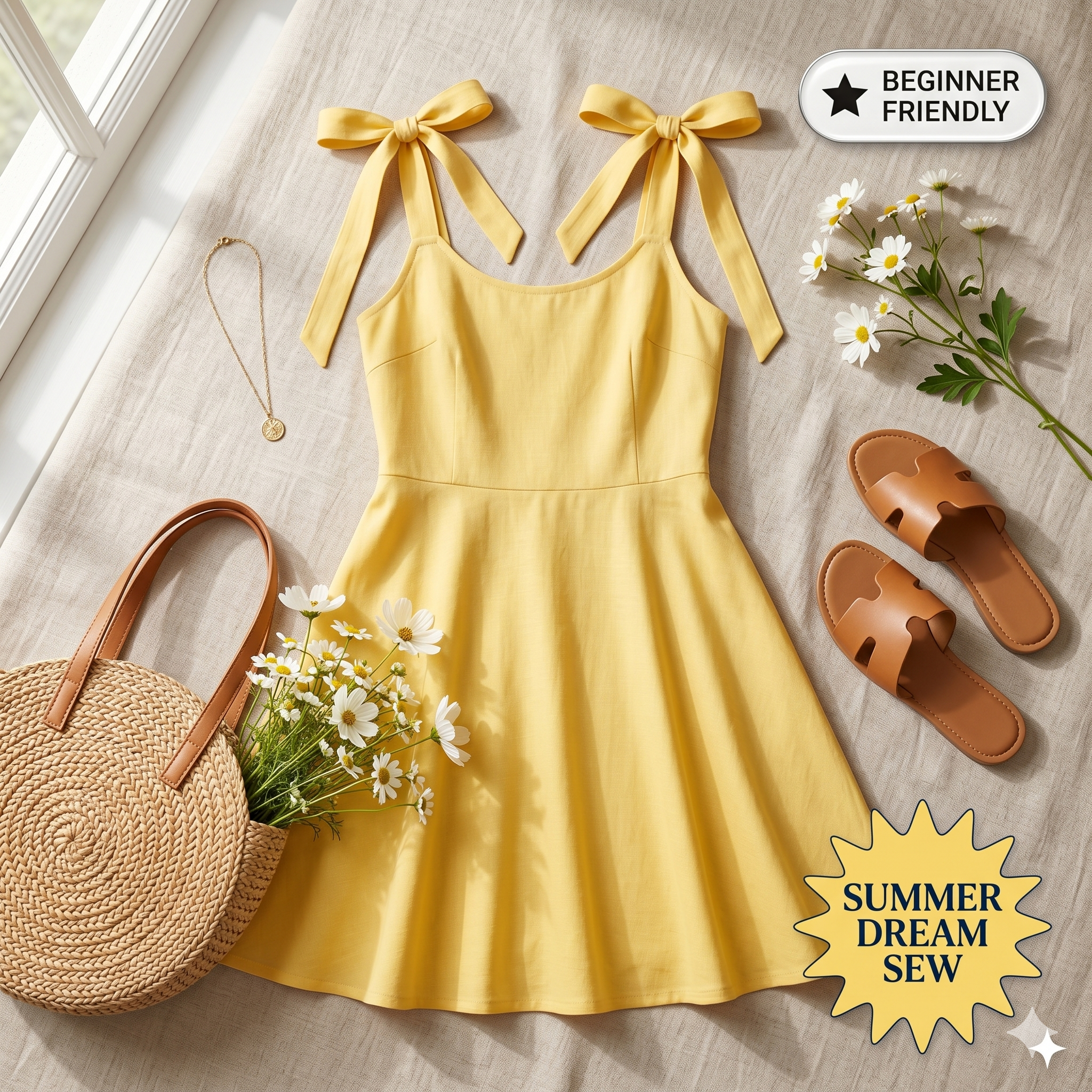 Tie Strap Sundress Sewing Pattern, Beginner A-Line Dress (PDF Download)