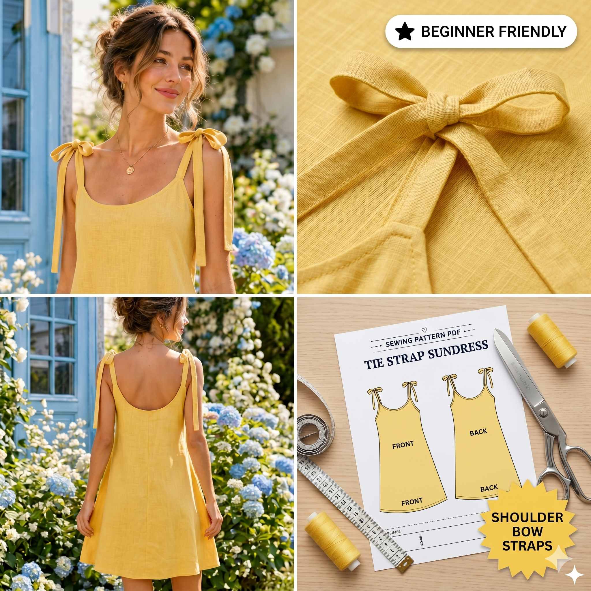 Tie Strap Sundress Sewing Pattern, Beginner A-Line Dress (PDF Download)