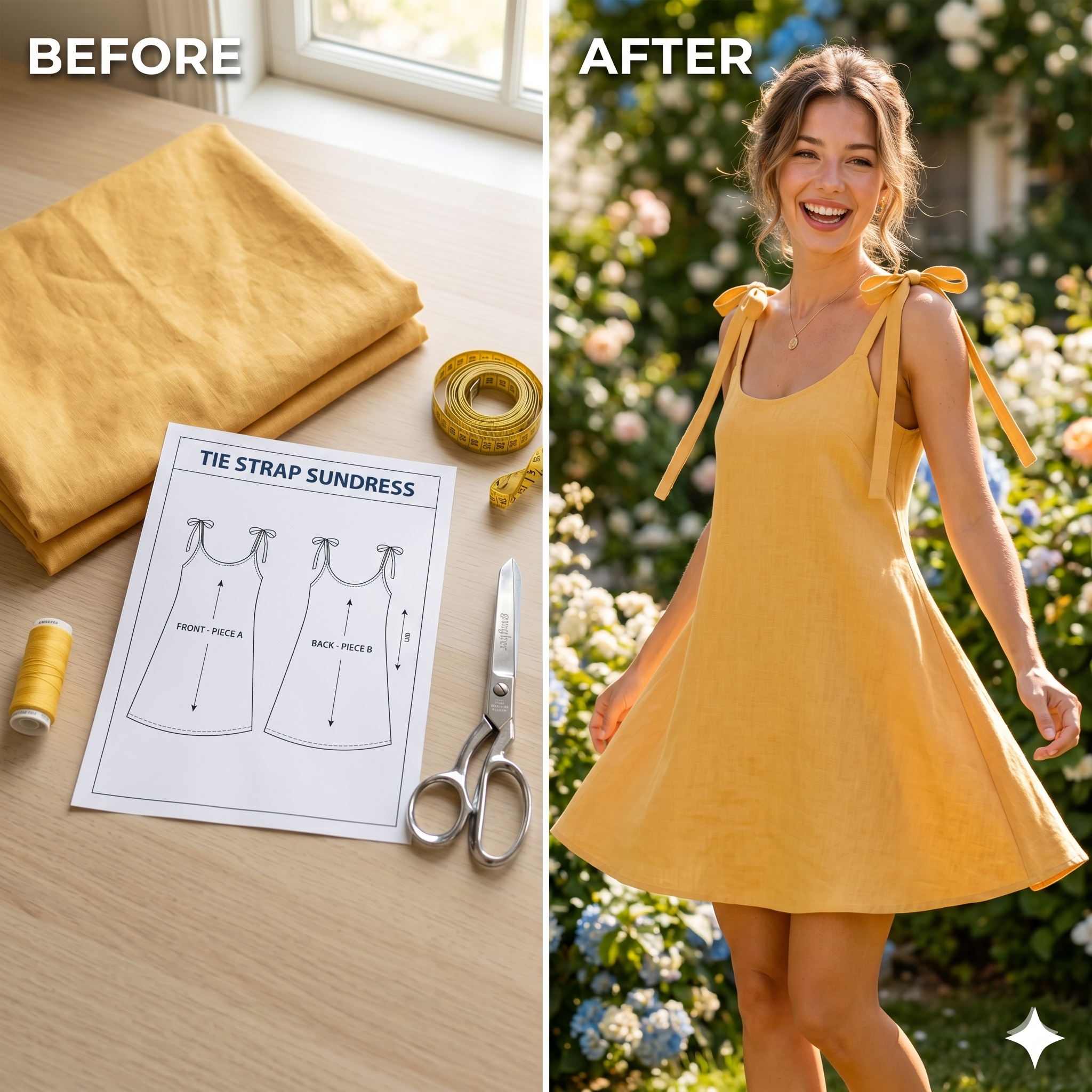 Tie Strap Sundress Sewing Pattern, Beginner A-Line Dress (PDF Download)