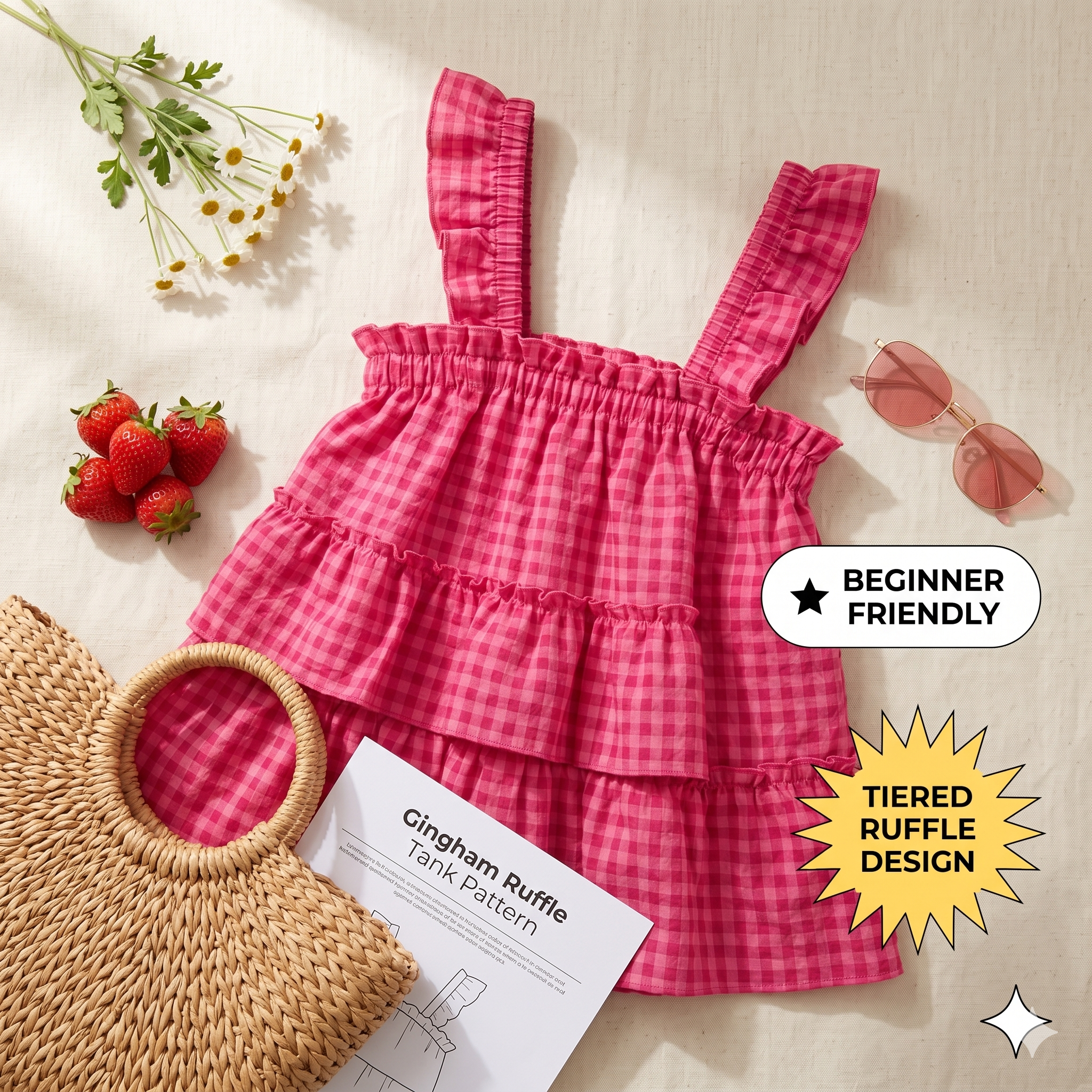 ✨ Gingham Ruffle Tiered Cami Top – Instant Download PDF Sewing Pattern