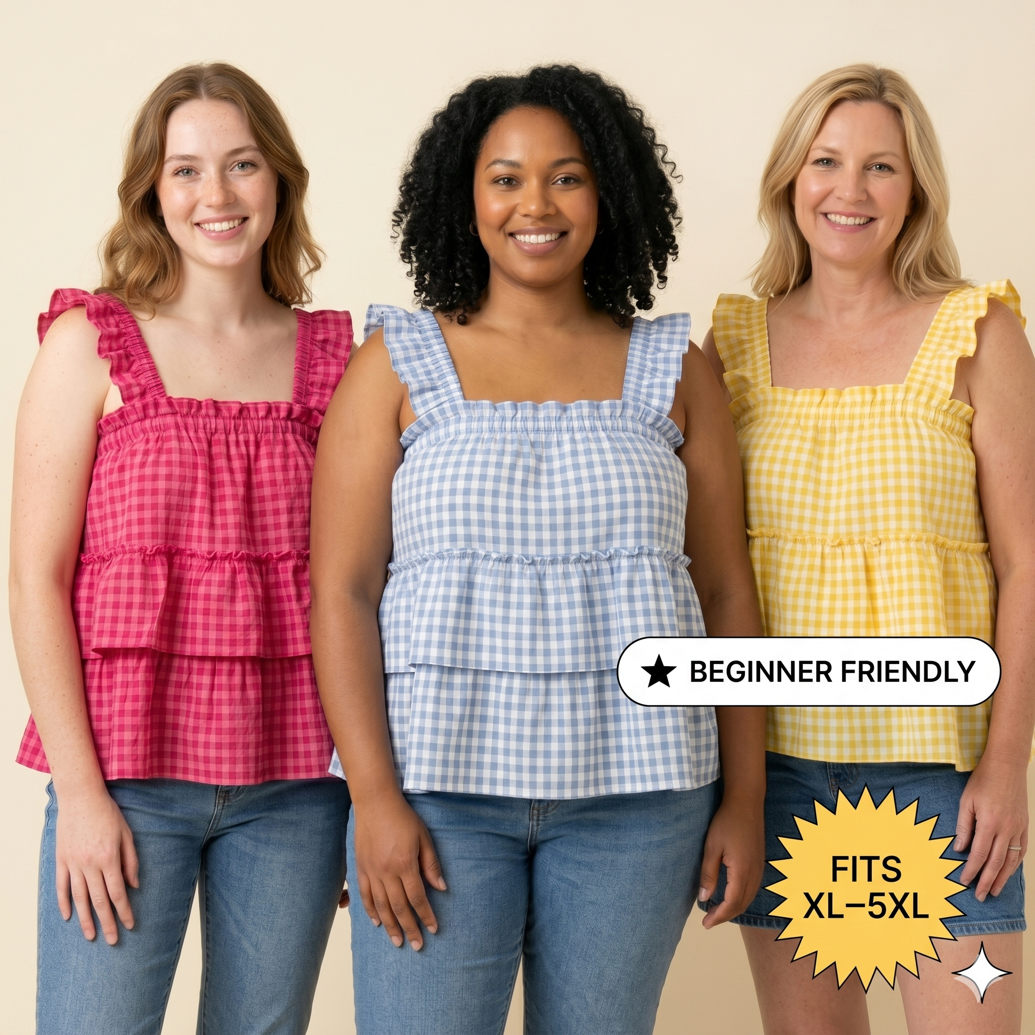 ✨ Gingham Ruffle Tiered Cami Top – Instant Download PDF Sewing Pattern