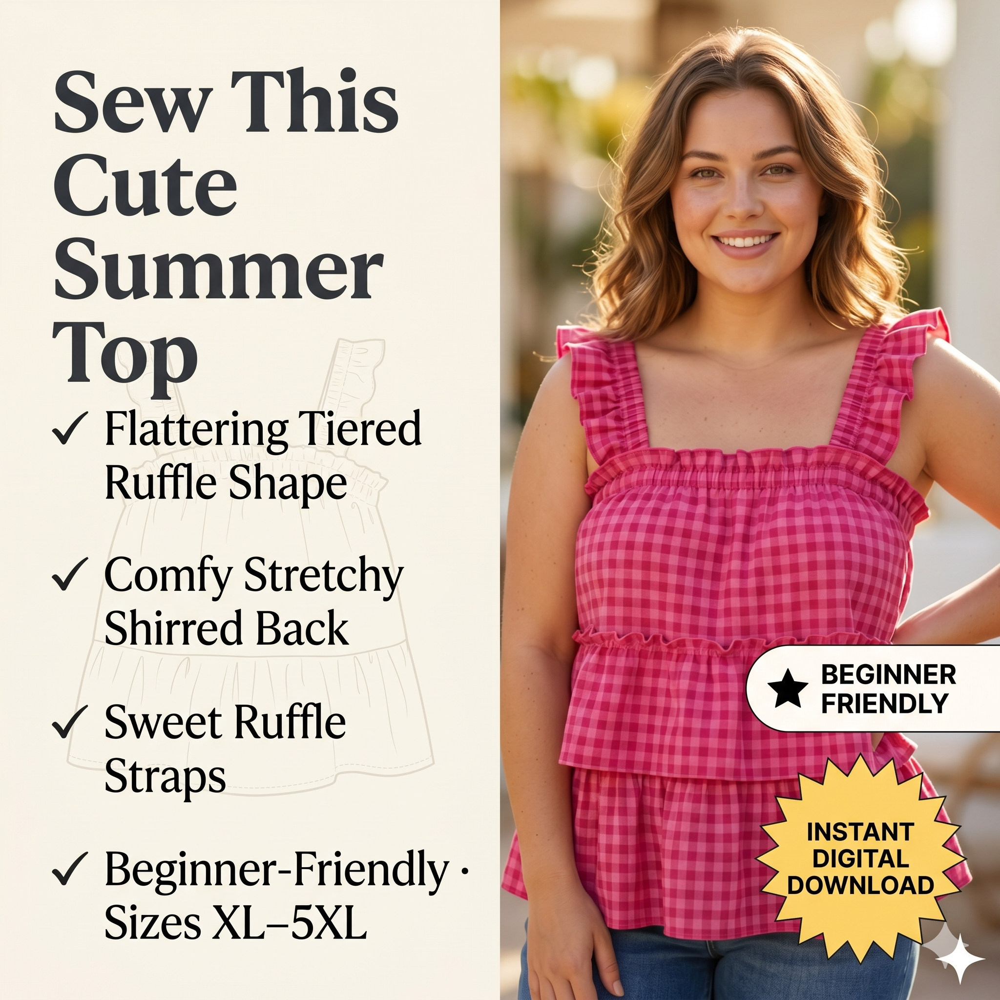 ✨ Gingham Ruffle Tiered Cami Top – Instant Download PDF Sewing Pattern