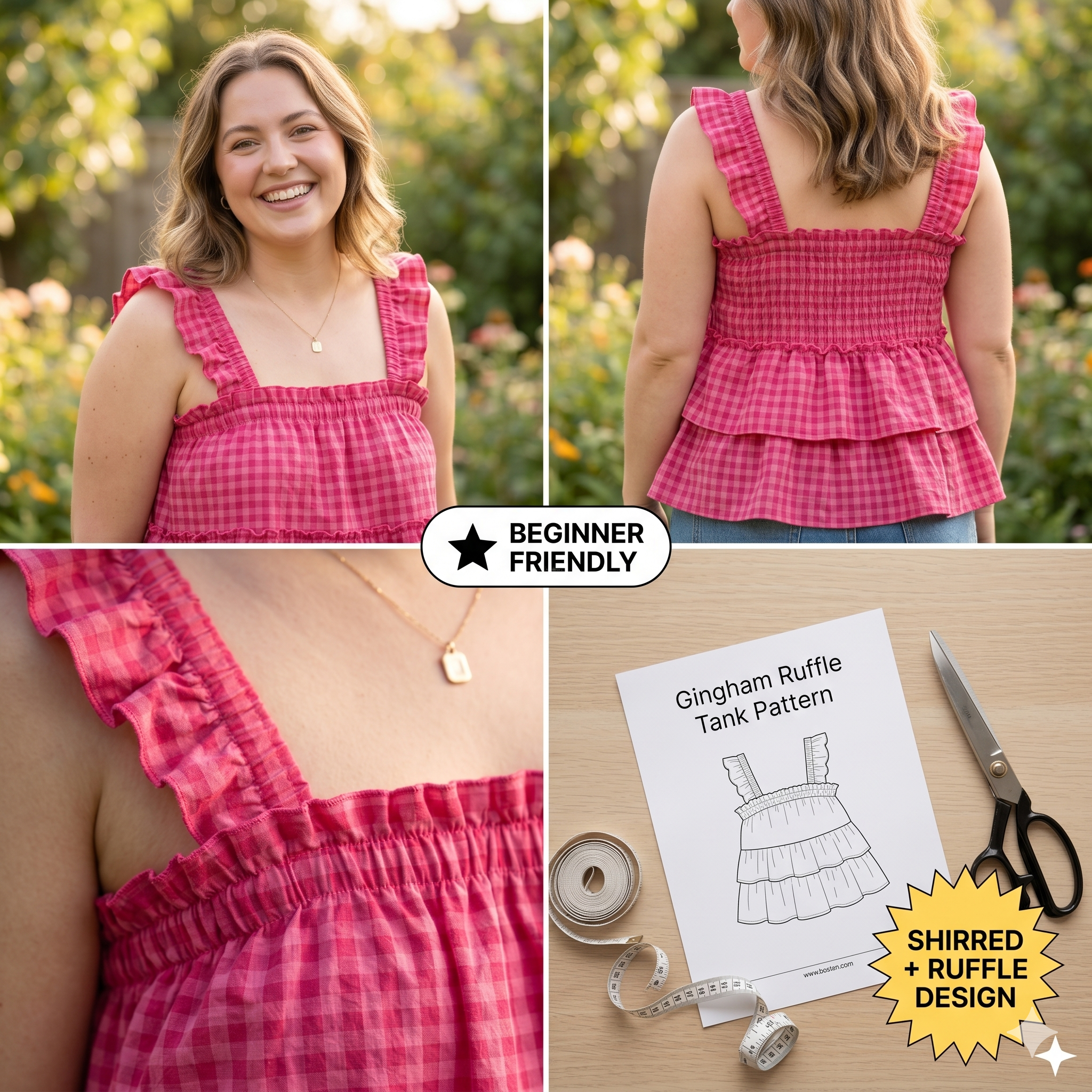 ✨ Gingham Ruffle Tiered Cami Top – Instant Download PDF Sewing Pattern