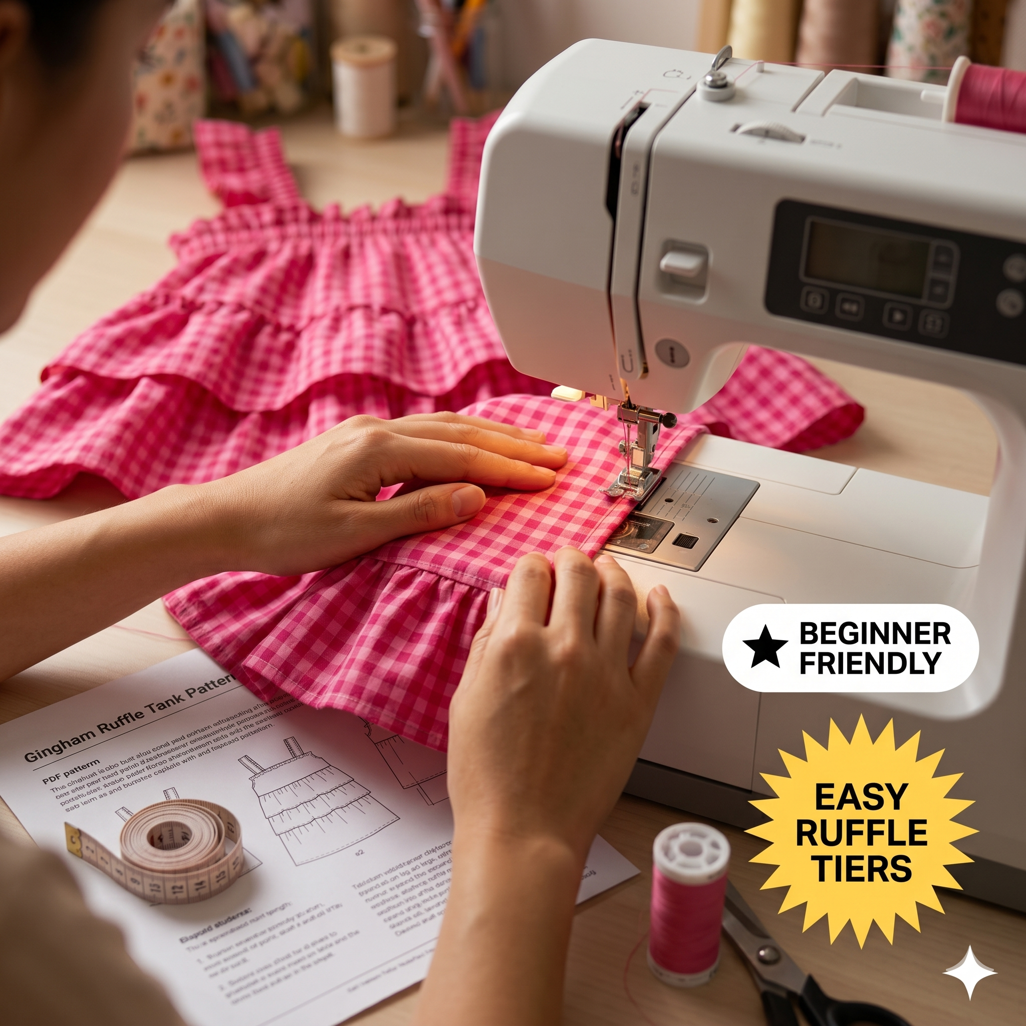 ✨ Gingham Ruffle Tiered Cami Top – Instant Download PDF Sewing Pattern