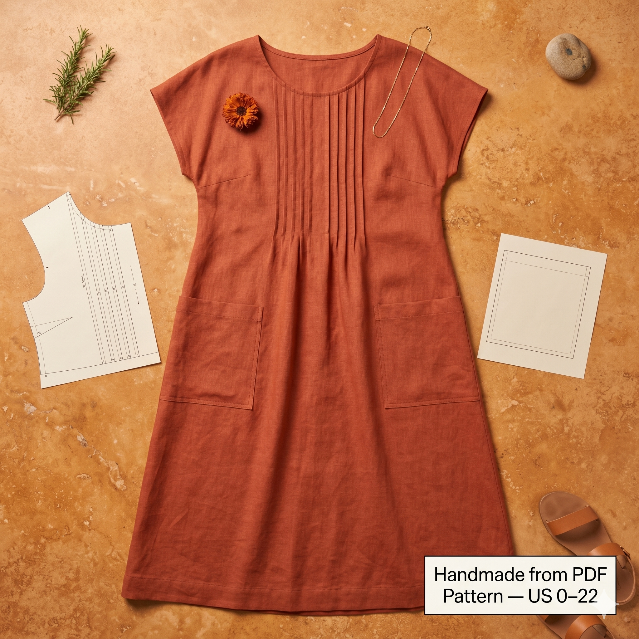 Linen Dress Sewing Pattern PDF | Raised Tucks A-Line Midi Dress