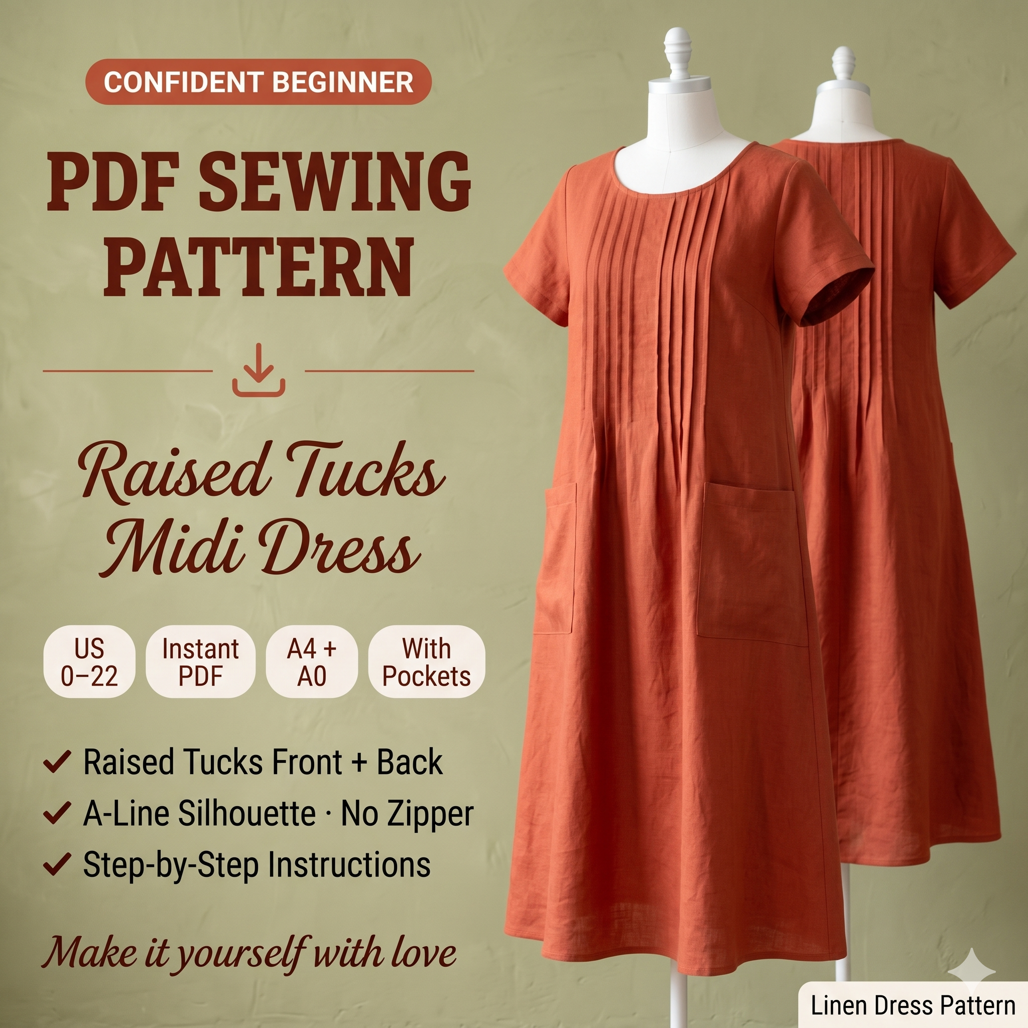 Linen Dress Sewing Pattern PDF | Raised Tucks A-Line Midi Dress