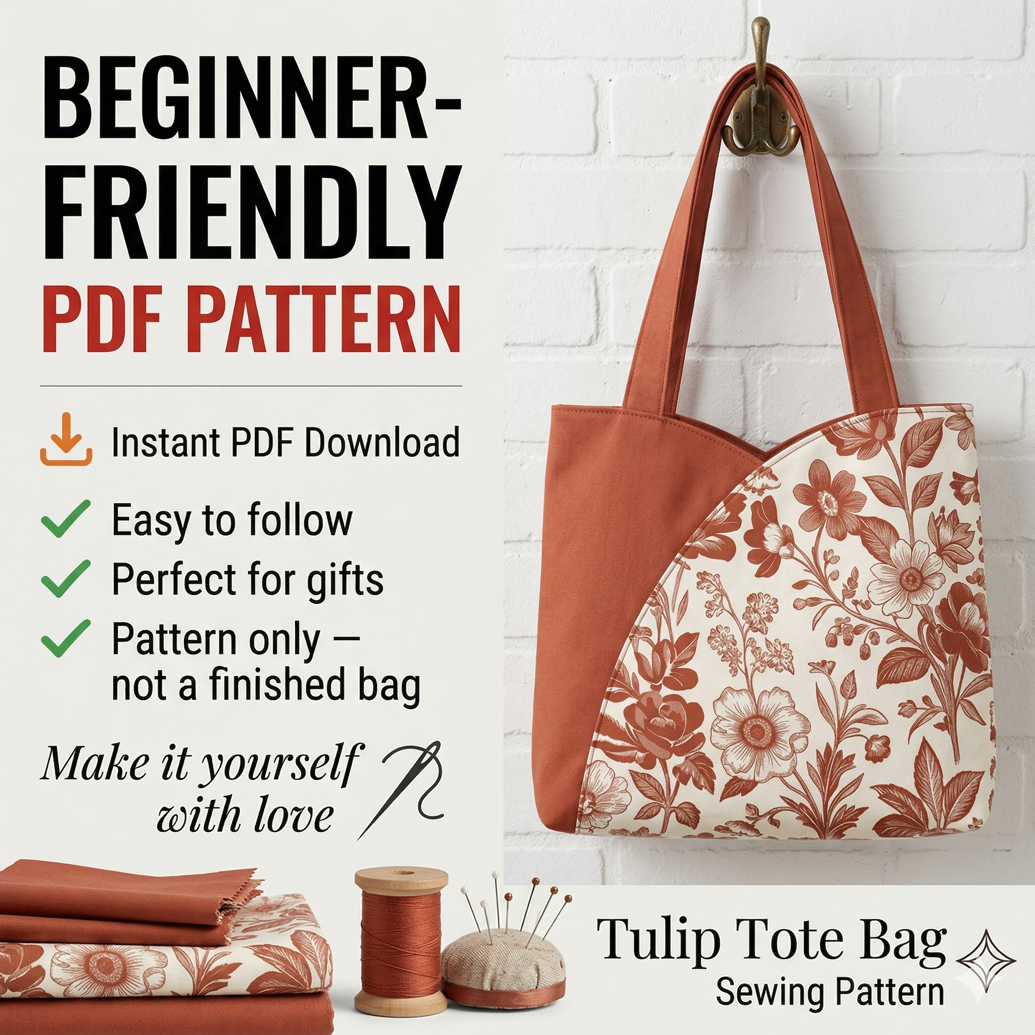 Tulip Tote Bag Sewing Pattern PDF | Beginner Friendly Tote Bag Tutorial | DIY Fabric Handbag | Printable Pattern A4 A0 US Letter