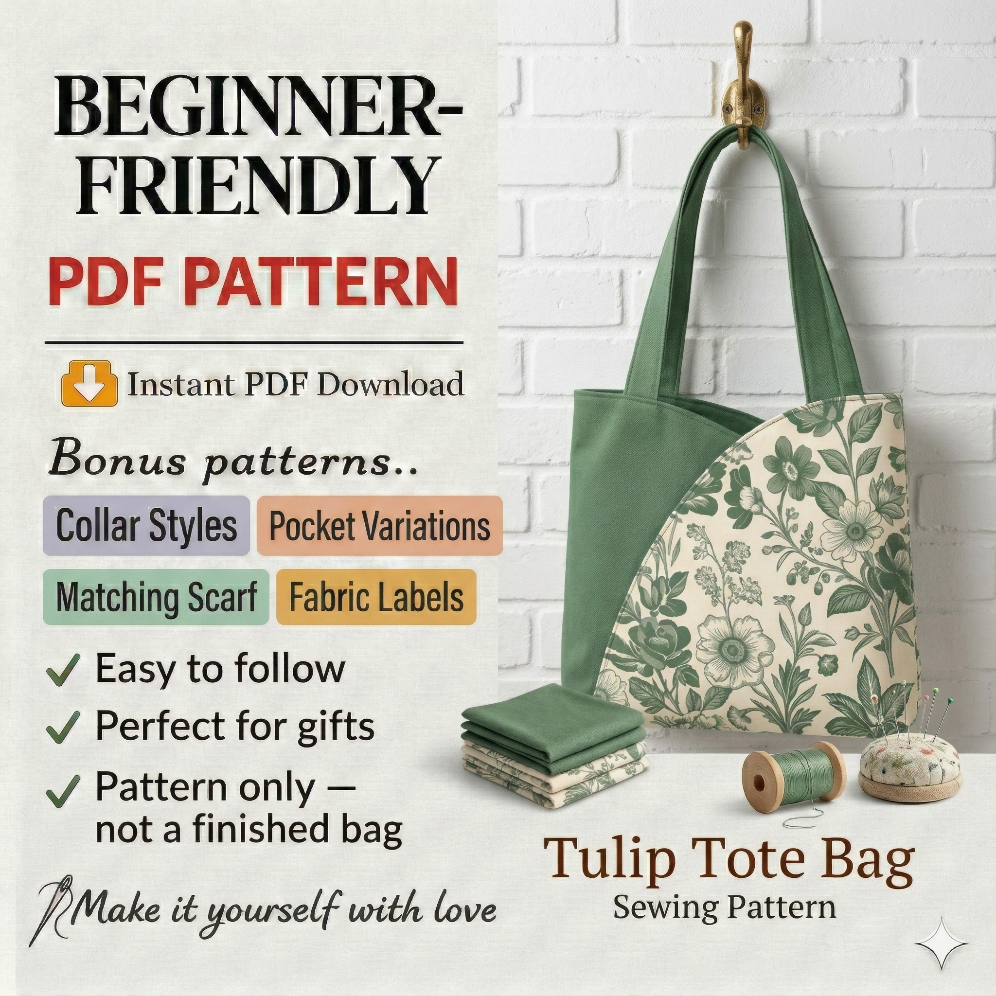 Tulip Tote Bag Sewing Pattern PDF | Beginner Friendly Tote Bag Tutorial | DIY Fabric Handbag | Printable Pattern A4 A0 US Letter