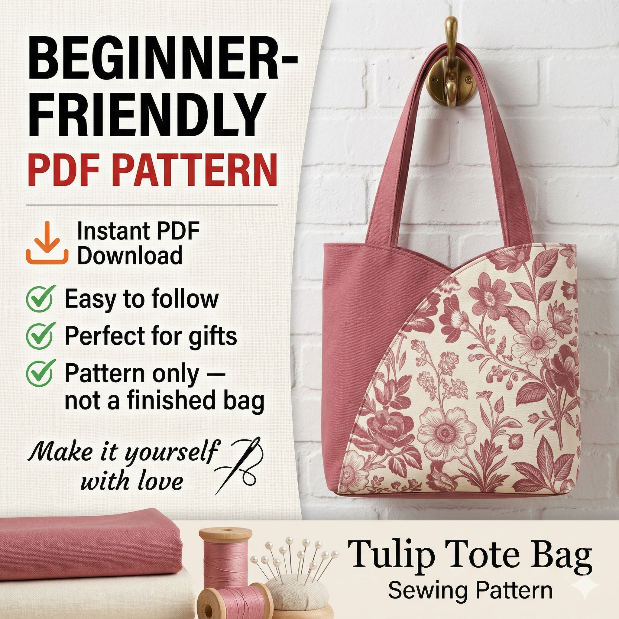 Tulip Tote Bag Sewing Pattern PDF | Beginner Friendly Tote Bag Tutorial | DIY Fabric Handbag | Printable Pattern A4 A0 US Letter