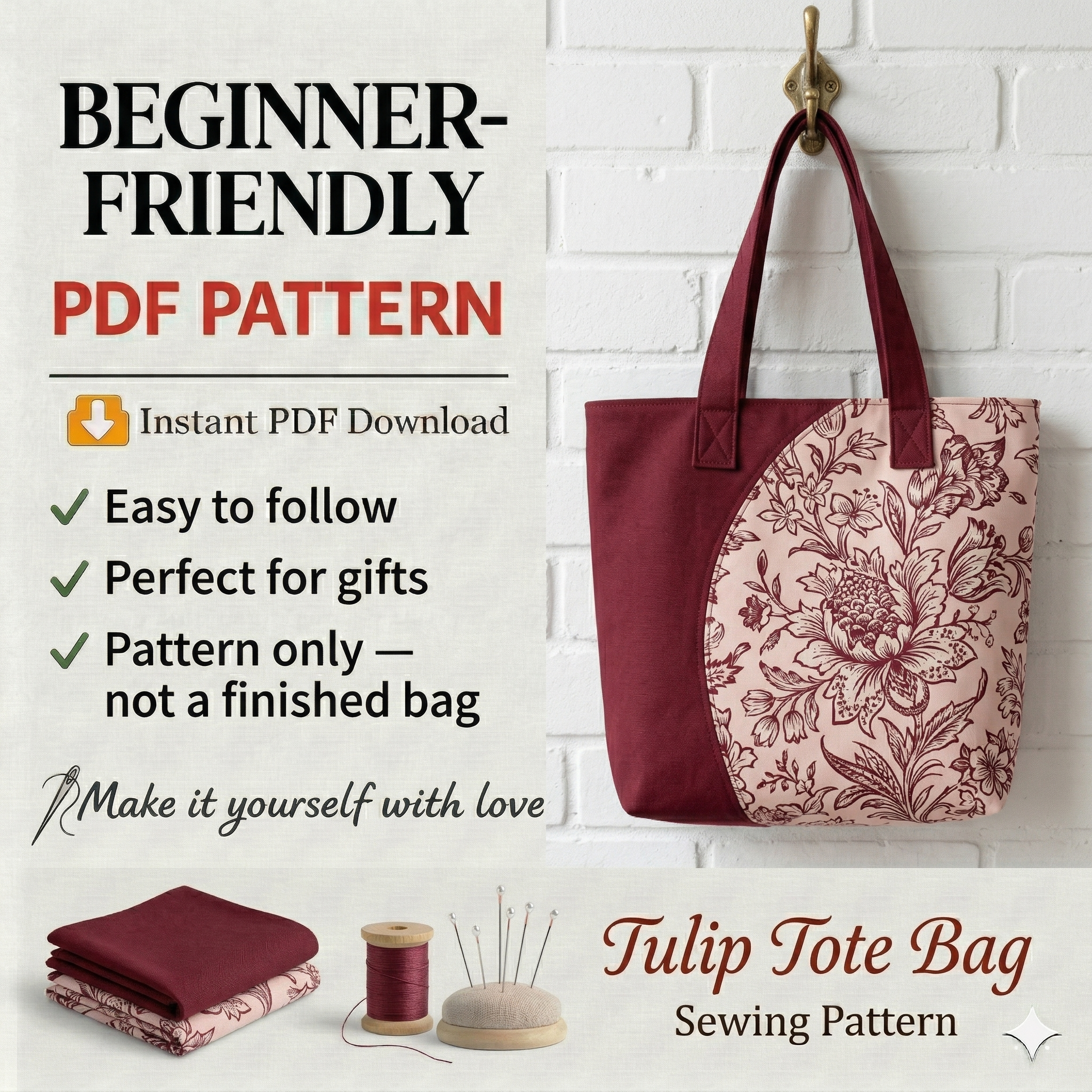 Tulip Tote Bag Sewing Pattern PDF | Beginner Friendly Tote Bag Tutorial | DIY Fabric Handbag | Printable Pattern A4 A0 US Letter