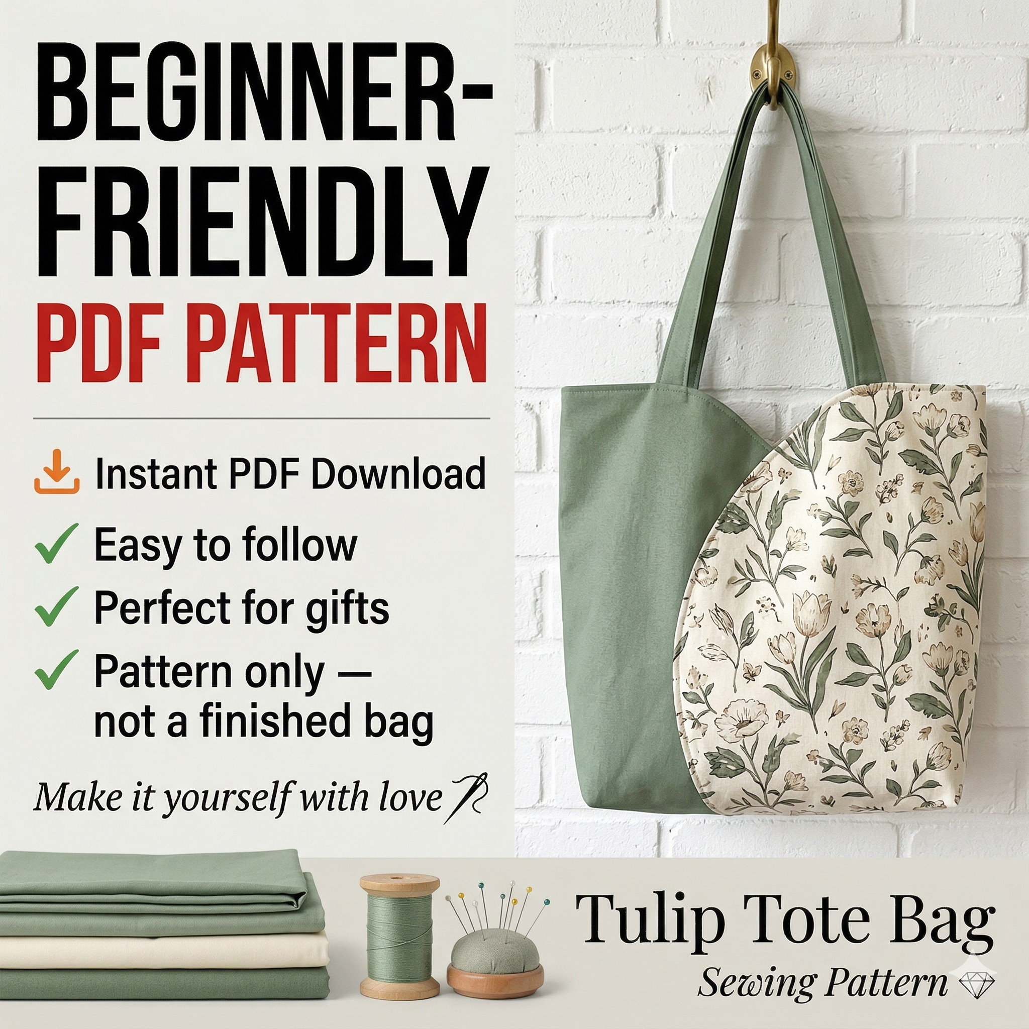 Tulip Tote Bag Sewing Pattern PDF | Beginner Friendly Tote Bag Tutorial | DIY Fabric Handbag | Printable Pattern A4 A0 US Letter