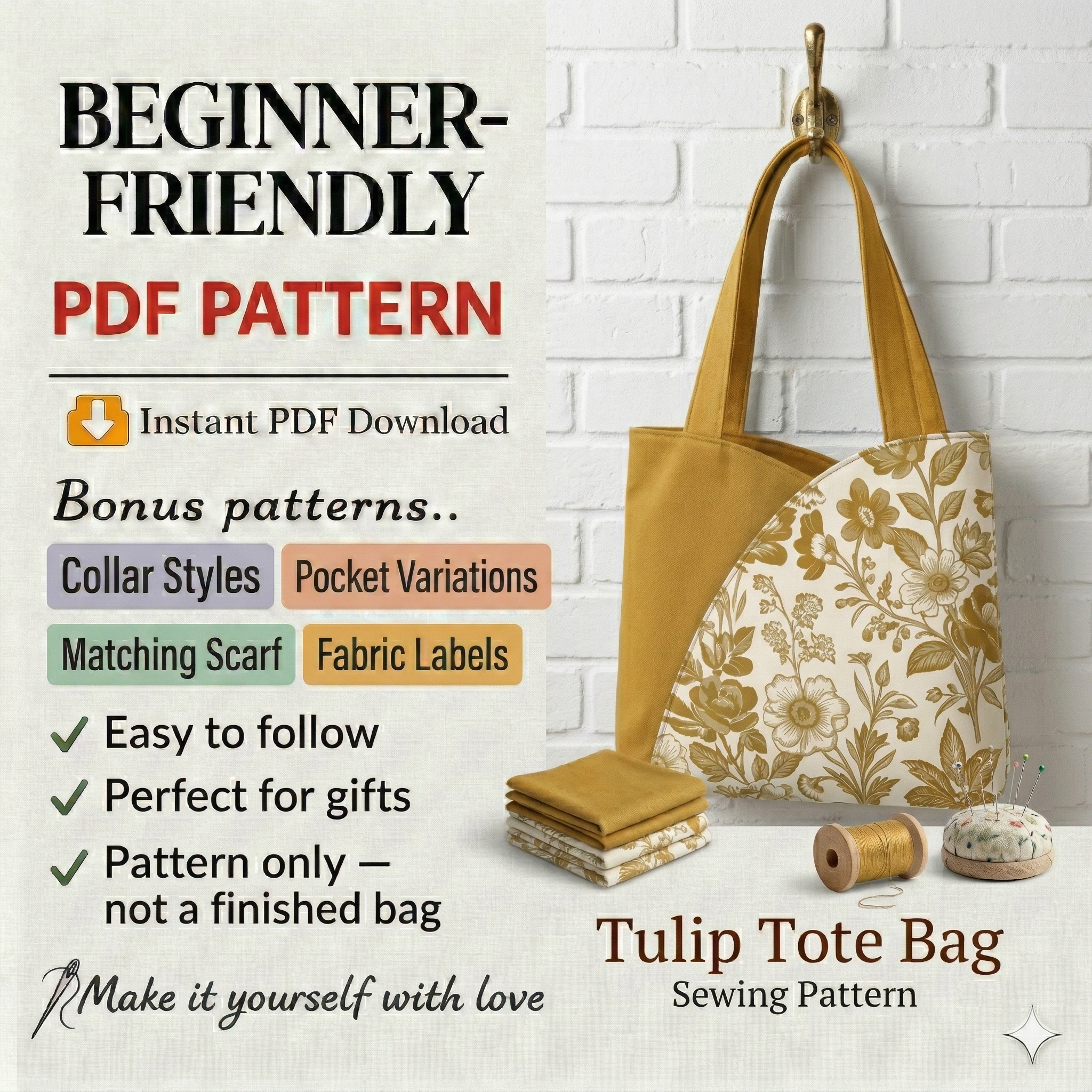 Tulip Tote Bag Sewing Pattern PDF | Beginner Friendly Tote Bag Tutorial | DIY Fabric Handbag | Printable Pattern A4 A0 US Letter