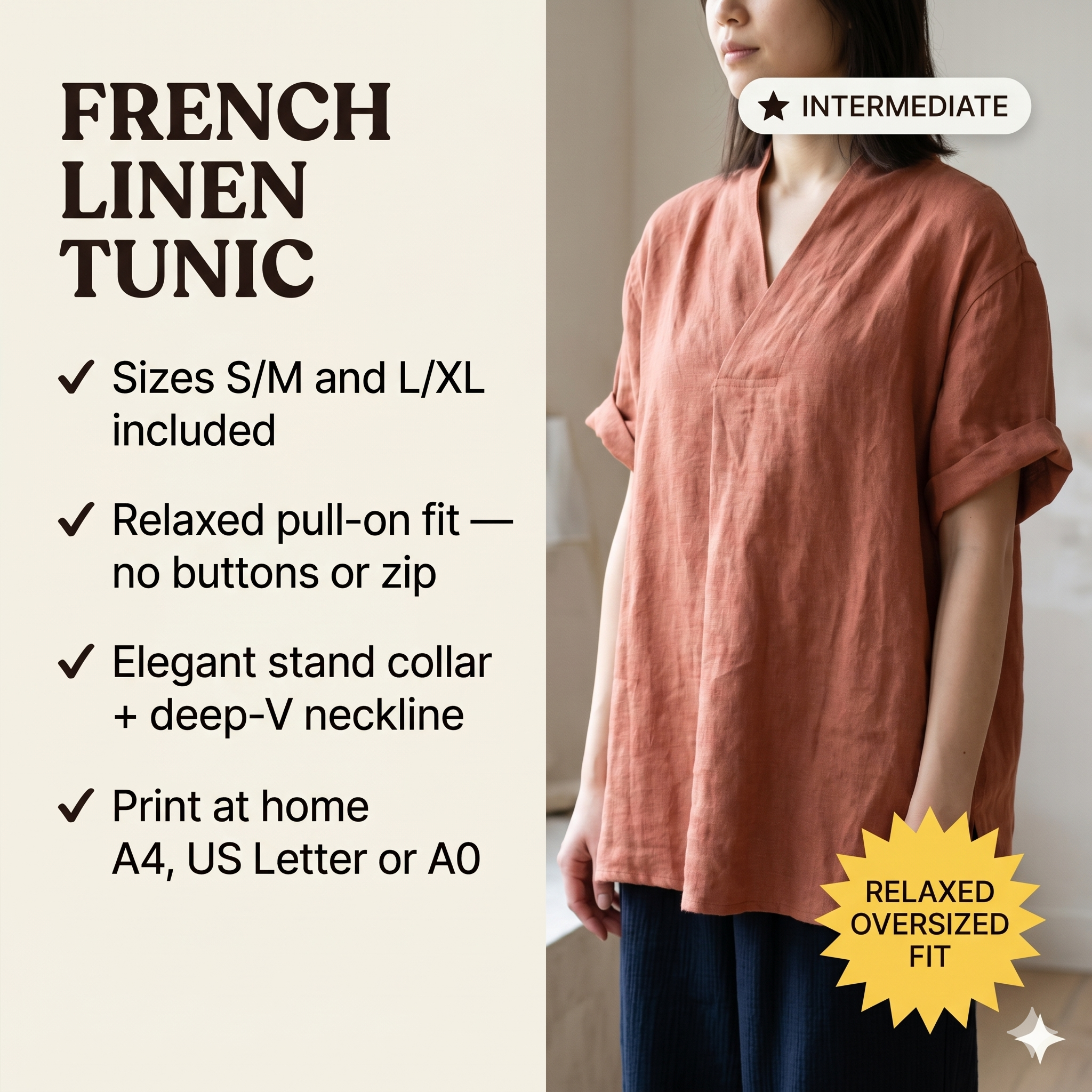✨ V-Neck Linen Tunic Top – Instant Download PDF Sewing Pattern