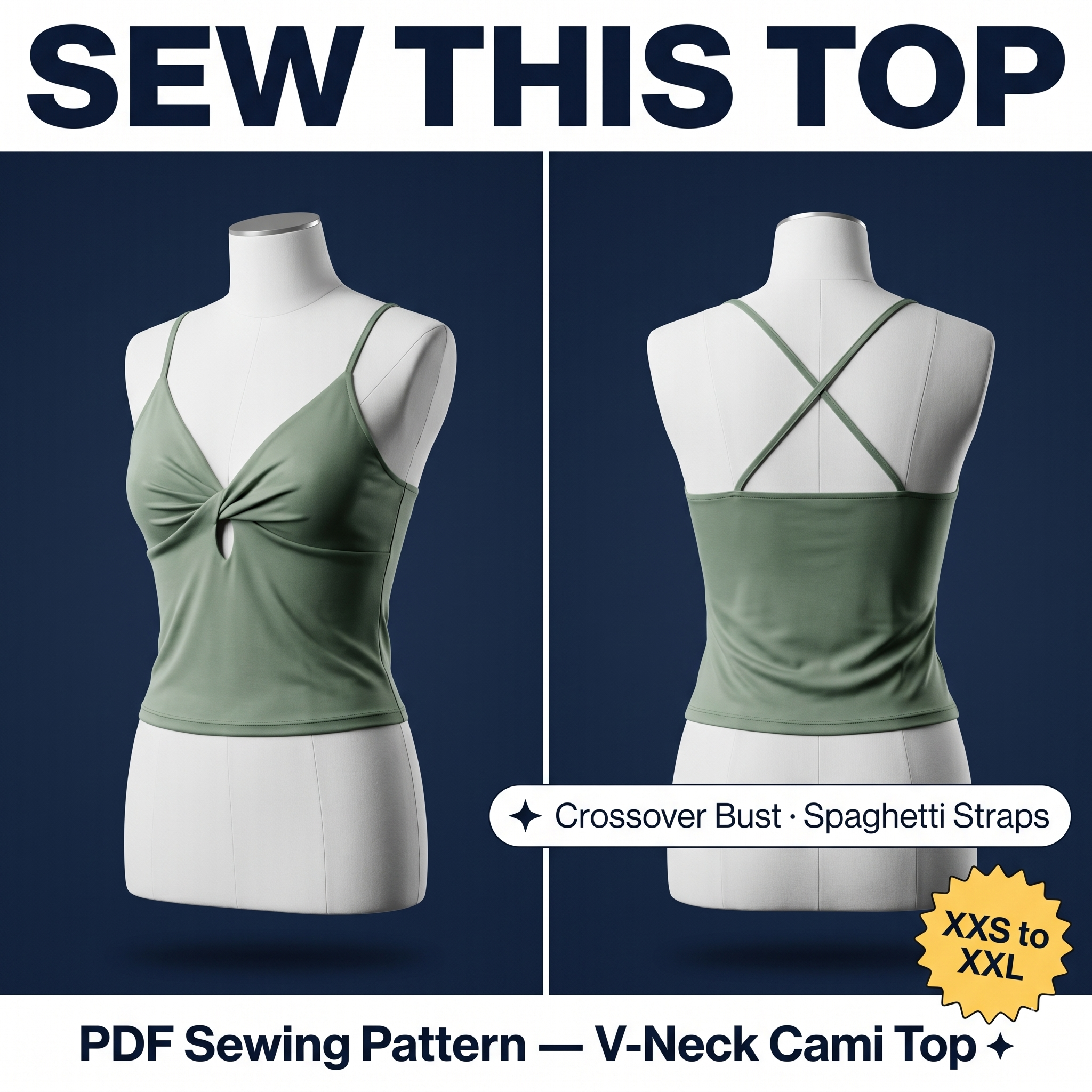V Neck Cami Top PDF Sewing Pattern | Fitted Spaghetti Strap Tank Top Jersey Beginner Friendly Women XXS-XXL Instant Download