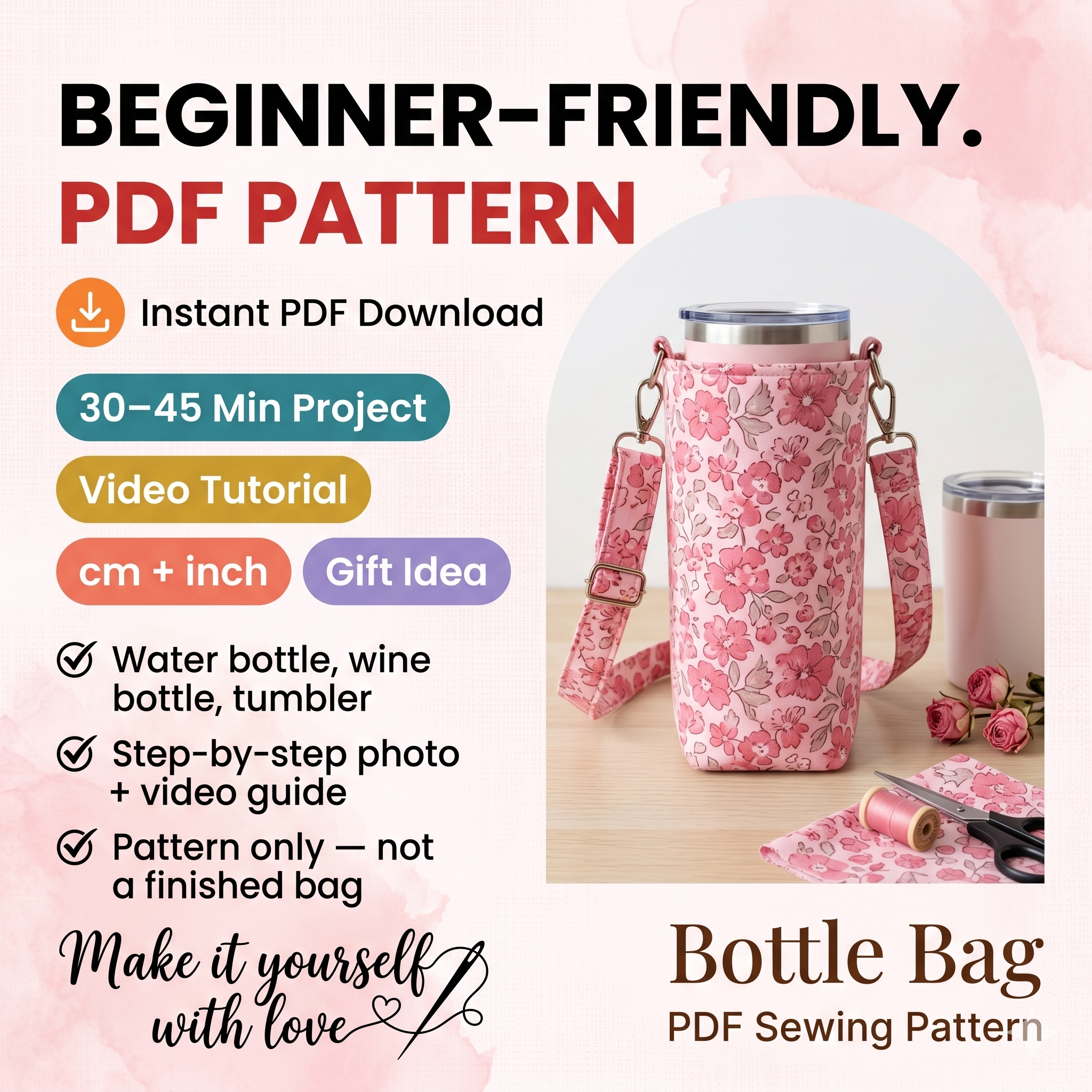 Water Bottle Bag Pattern, Wine Bag Tutorial PDF
