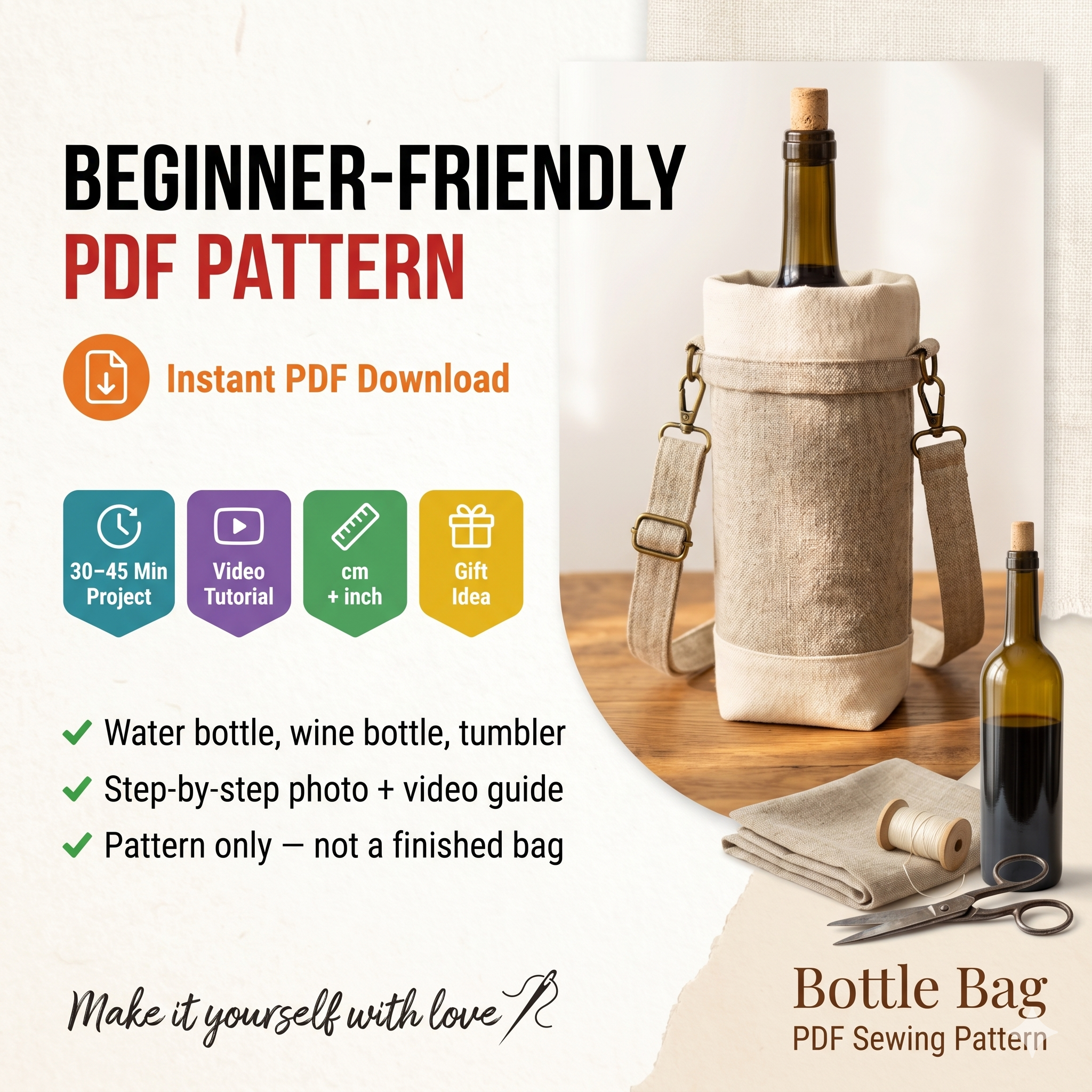 Water Bottle Bag Pattern, Wine Bag Tutorial PDF