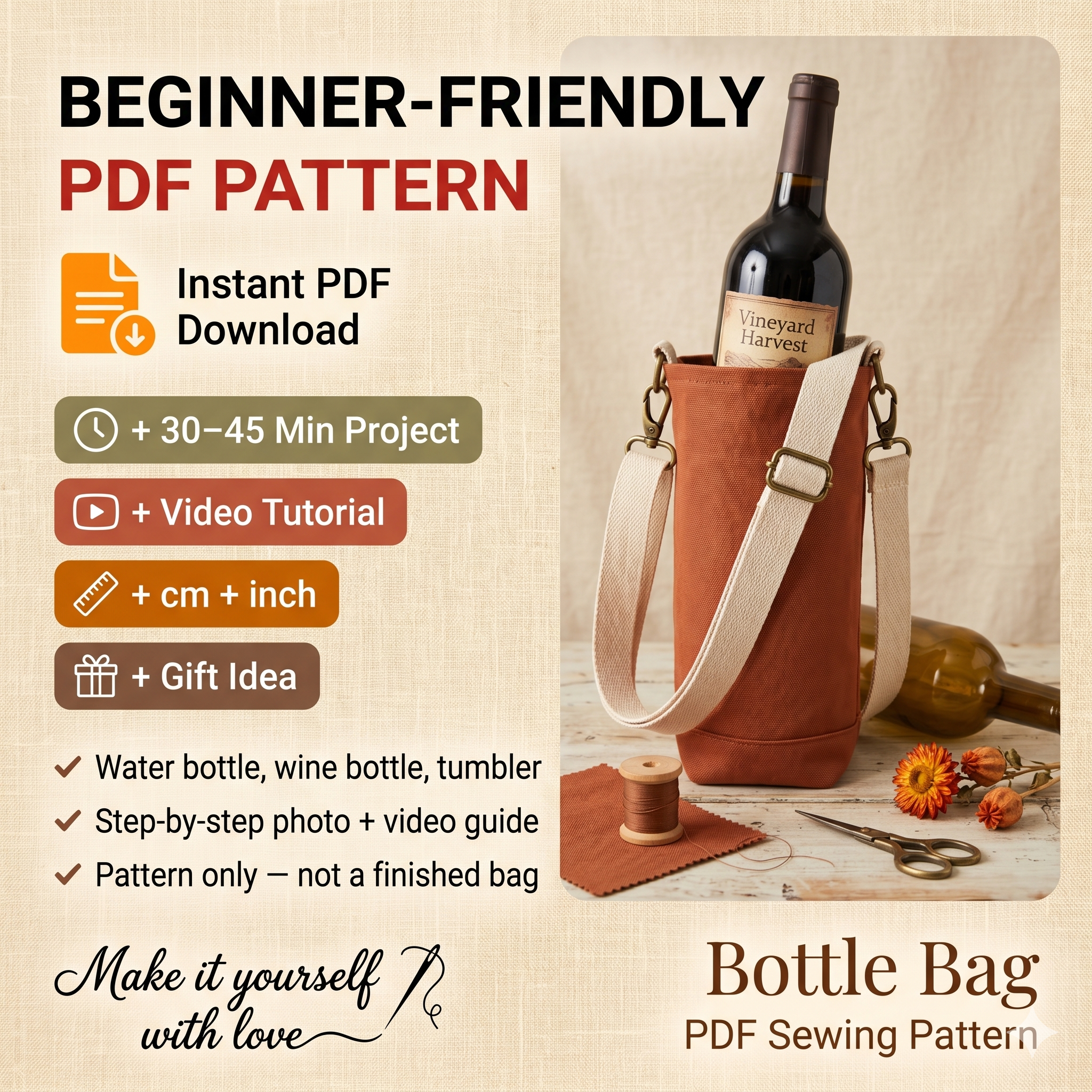 Water Bottle Bag Pattern, Wine Bag Tutorial PDF