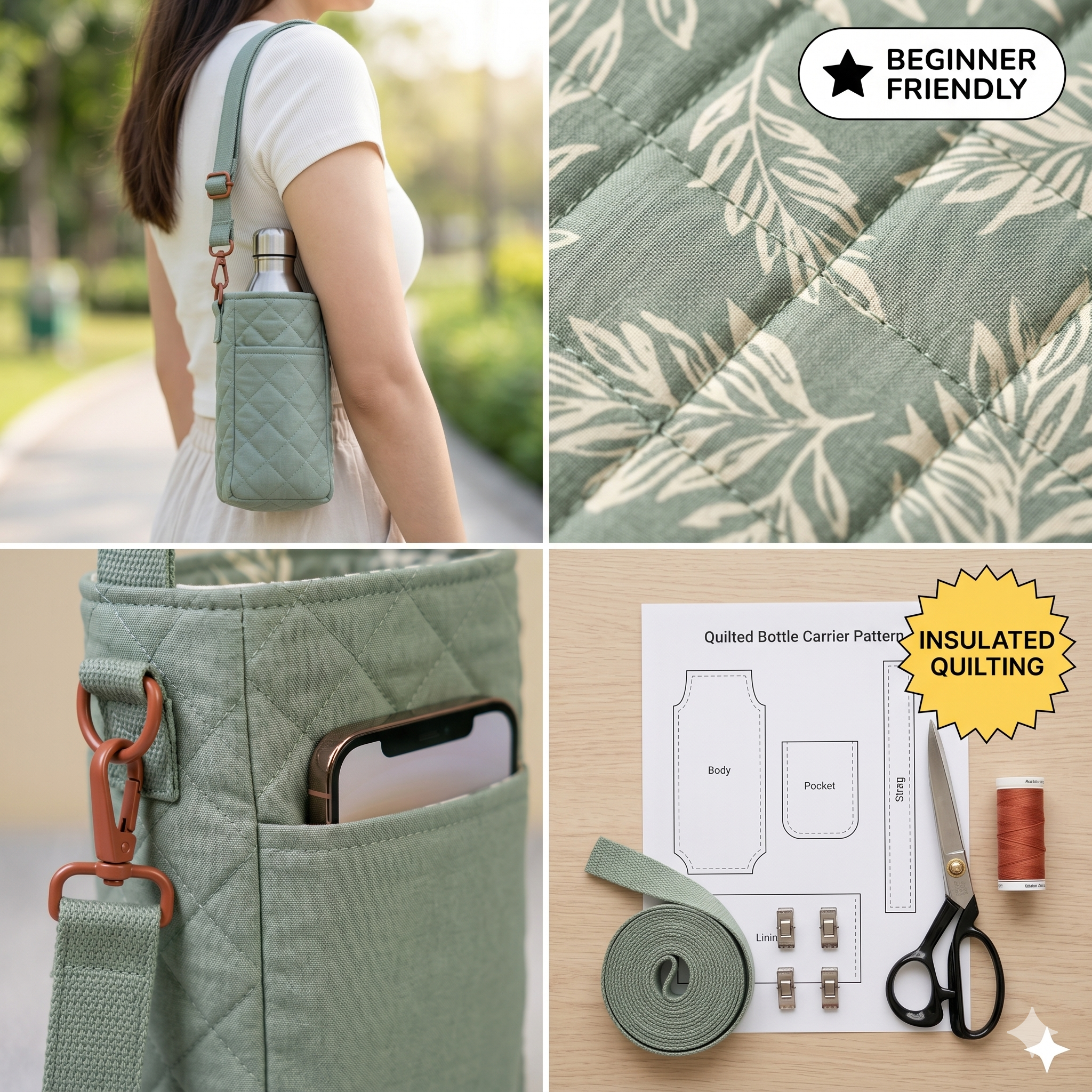 Water Bottle Holder pattern and tutorial, Water Bottle Carrier Sewing Pattern | VIDEO + PDF | Instant Download