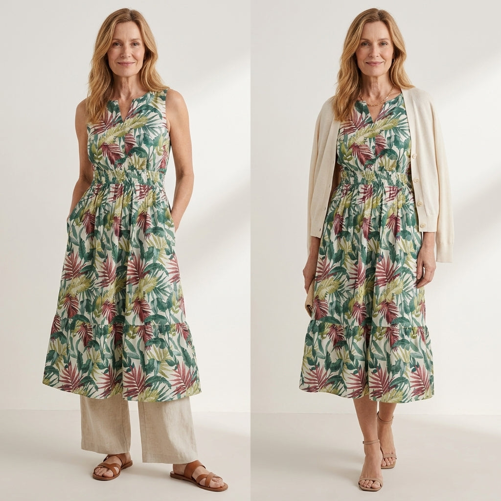 ✨ Tropical Print Smocked Waist Midi Dress – Instant Download PDF Sewing Pattern