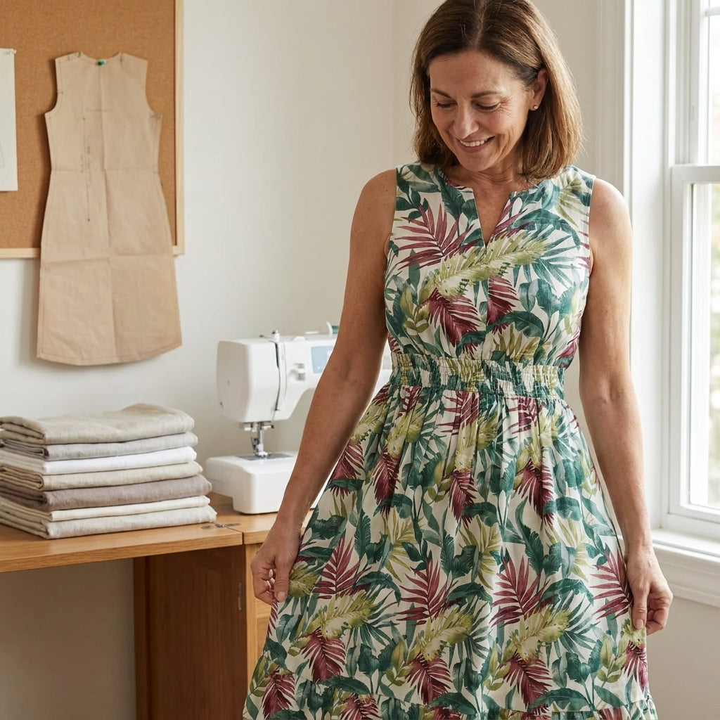 ✨ Tropical Print Smocked Waist Midi Dress – Instant Download PDF Sewing Pattern