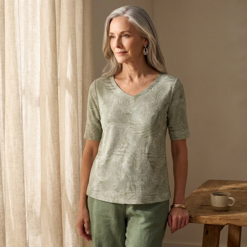 ✨ Botanical Print V-Neck Elbow Sleeve Tee – Instant Download PDF Sewing Pattern