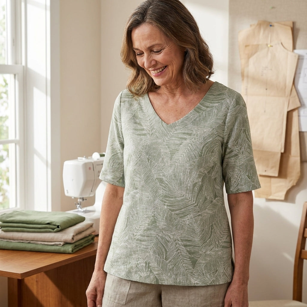 ✨ Botanical Print V-Neck Elbow Sleeve Tee – Instant Download PDF Sewing Pattern