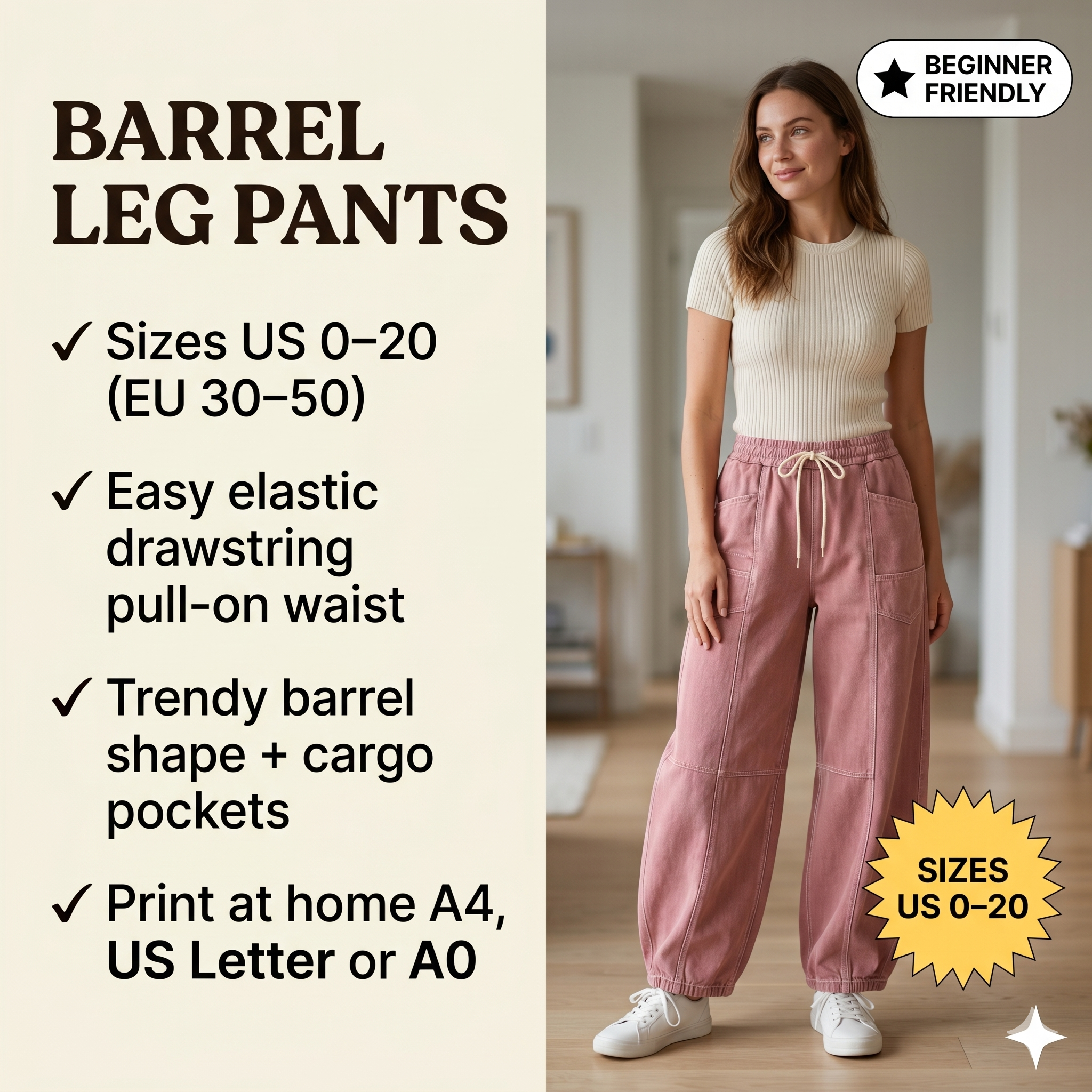 Women's Barrel Leg Pants Sewing Pattern – Utility Cargo Style (Sizes 0-20) (PDF Pattern)