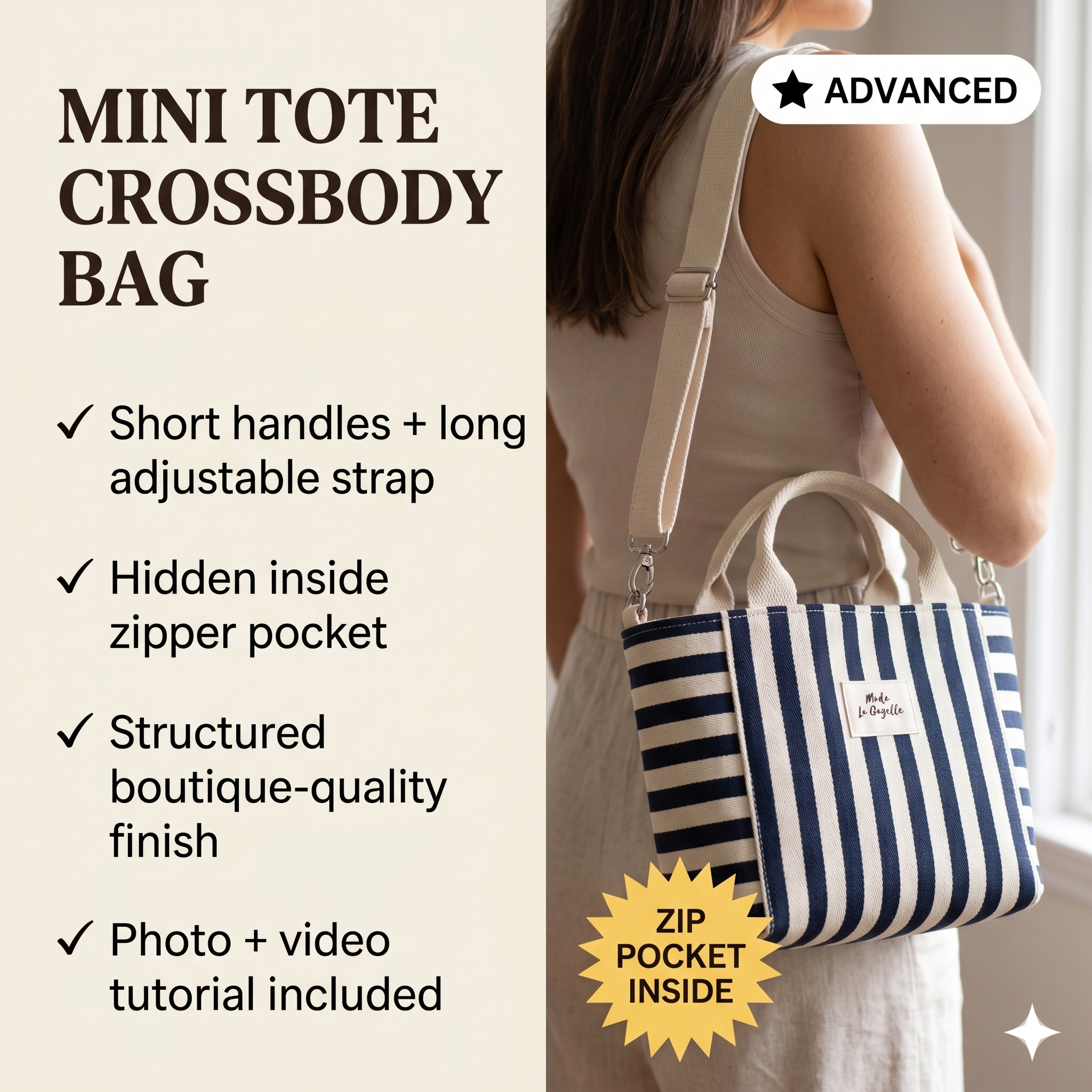 Mini Tote Bag Sewing Pattern, Crossbody Bag, Zipper Pocket