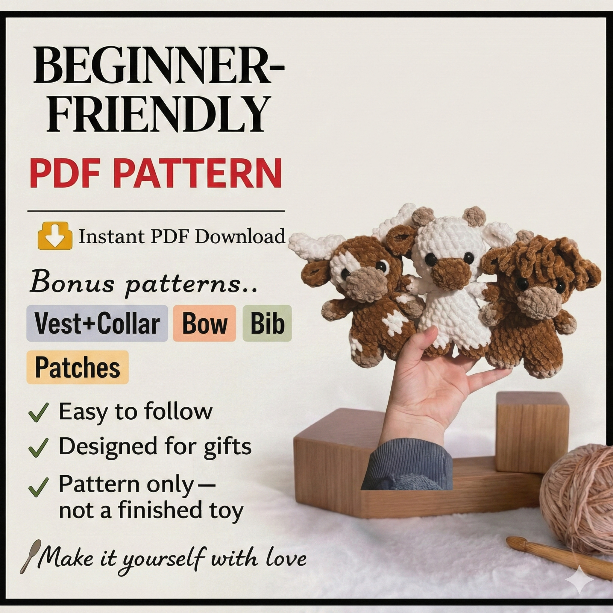 Baby cows TRIO pattern- baby longhorn, baby cow, baby highland, crochet cow pattern, amigurumi, highland, longhorn, cow crochet, low sew