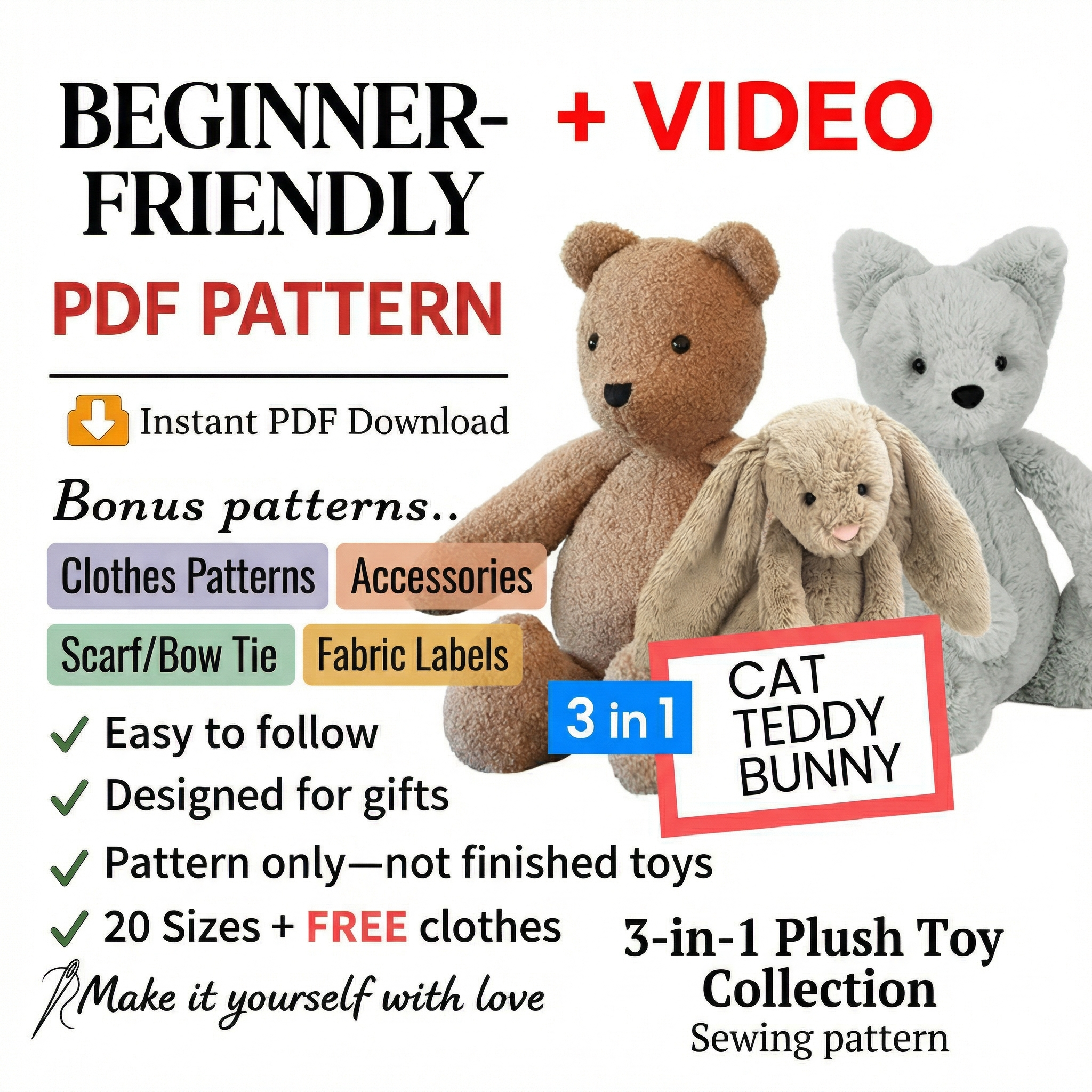 Teddy Bear Pattern, Bunny Sewing Pattern, VIDEO tutorial, rabbit pattern, keepsake bear, Memorial Bear Pattern, cat plushie, Memory Bear Toy