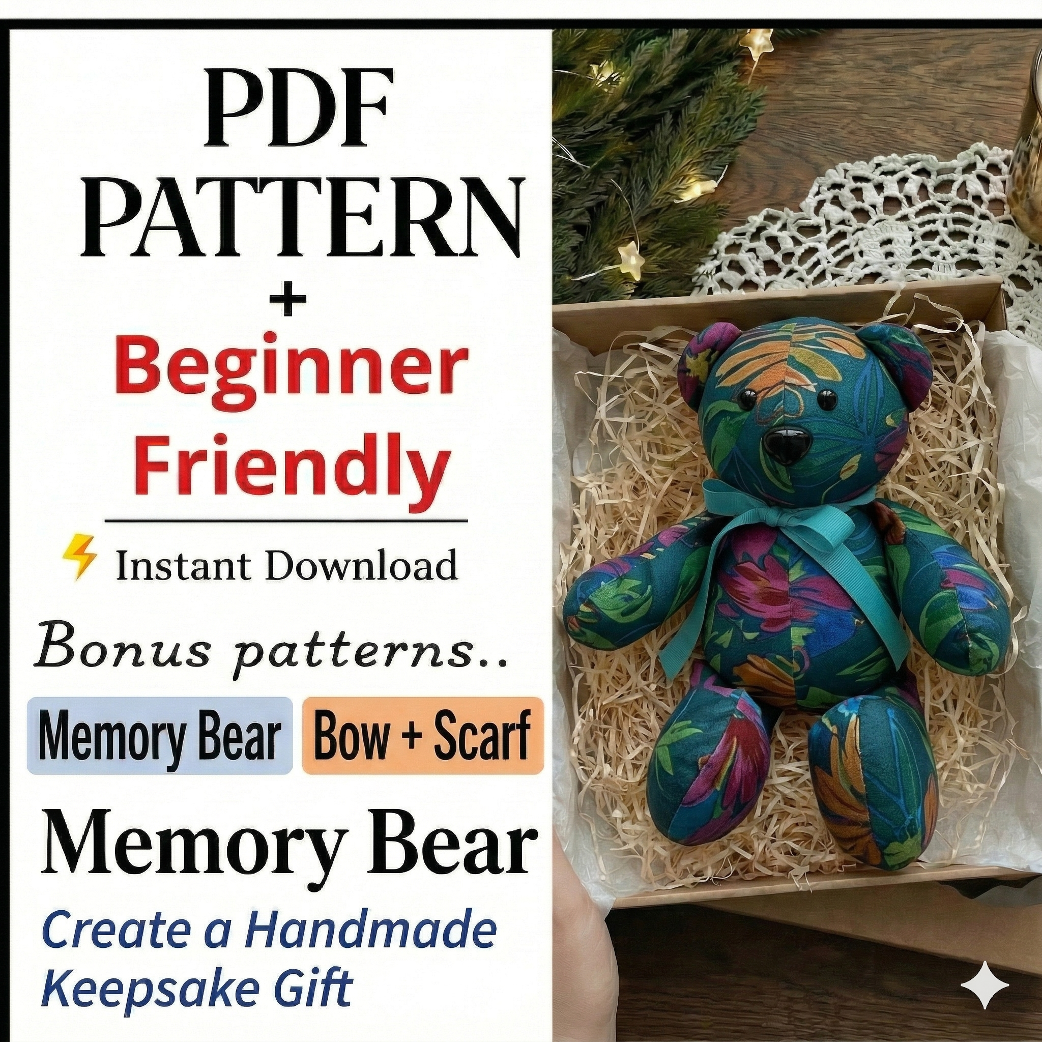 EASY! Chipper Memory Bear Sewing Pattern: 18-inch bear (PDF download)