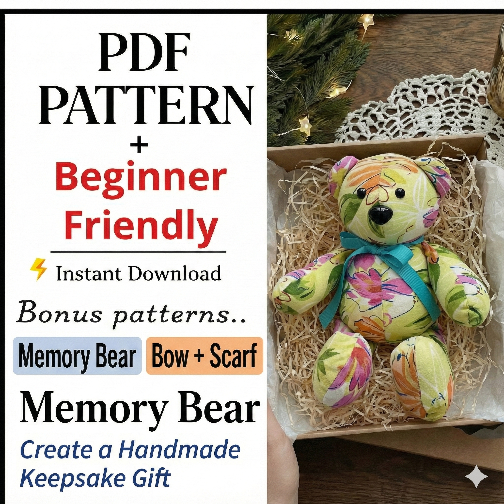 EASY! Chipper Memory Bear Sewing Pattern: 18-inch bear with video tutorial (PDF download)