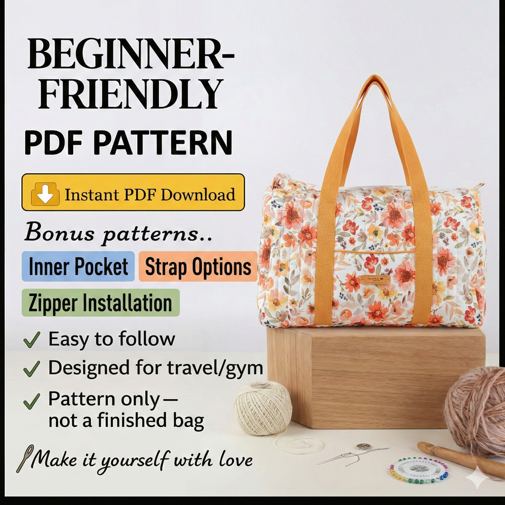 Duffle bag PDF pattern, Travel bag sewing pattern, Weekend bag pattern, Instant download PDF (A4, US letter, A1, Projector file)