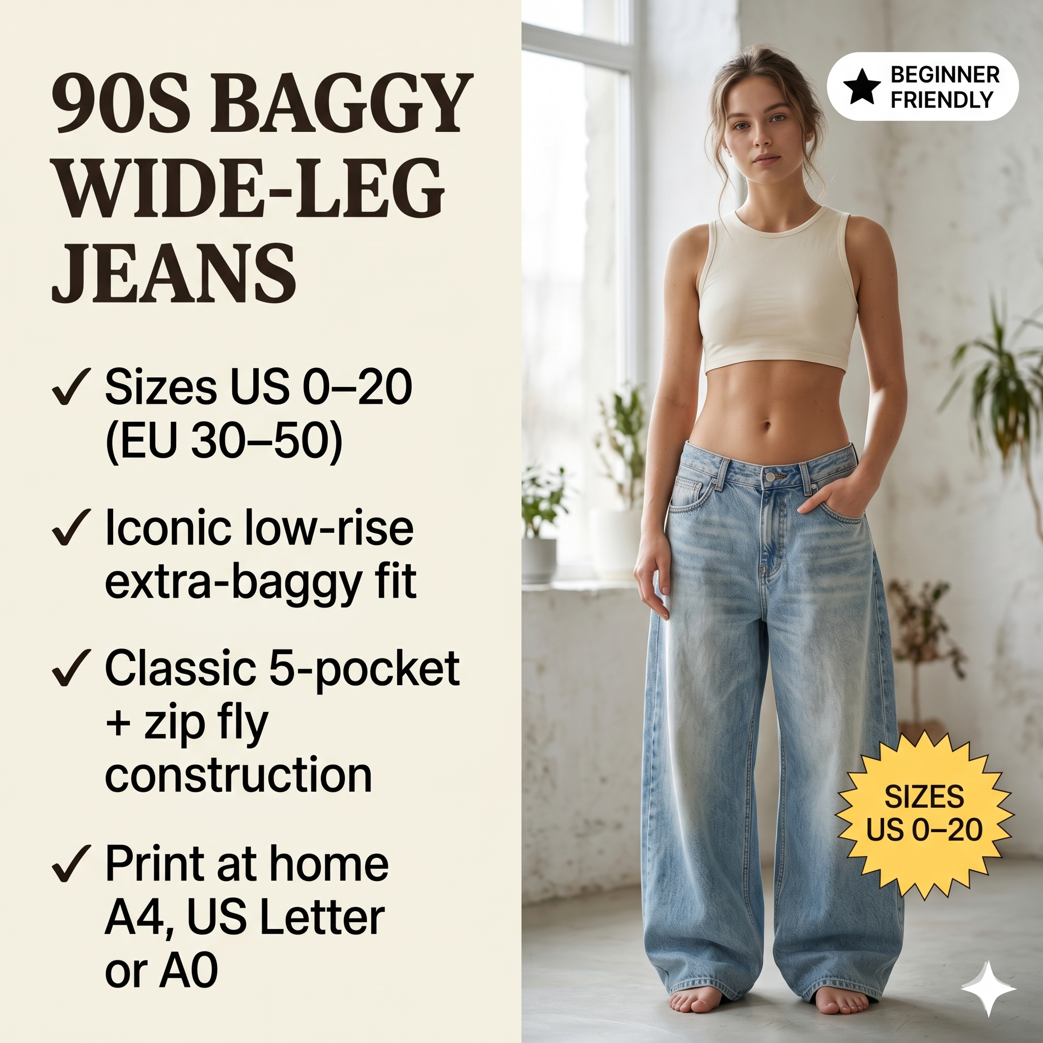 women's 90 Inspired Low Loose Baggy Jeans Pattern | Wide Leg Denim Pants | Digital PDF Sewing Pattern-Extra Loose Fit Denim Pattern