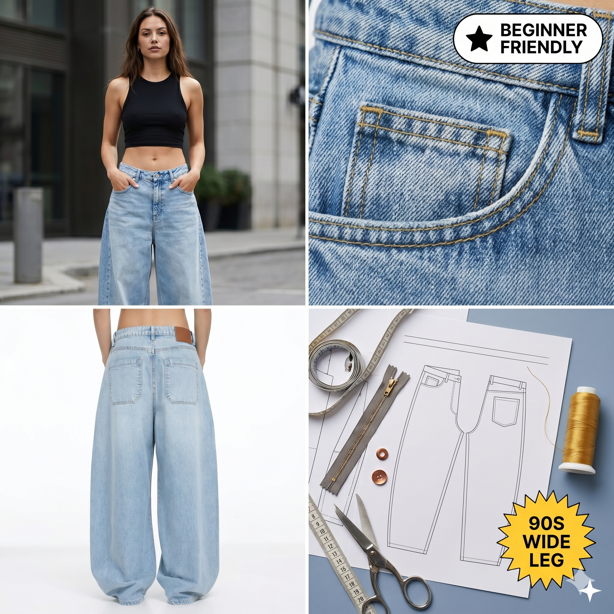 women's 90 Inspired Low Loose Baggy Jeans Pattern | Wide Leg Denim Pants | Digital PDF Sewing Pattern-Extra Loose Fit Denim Pattern