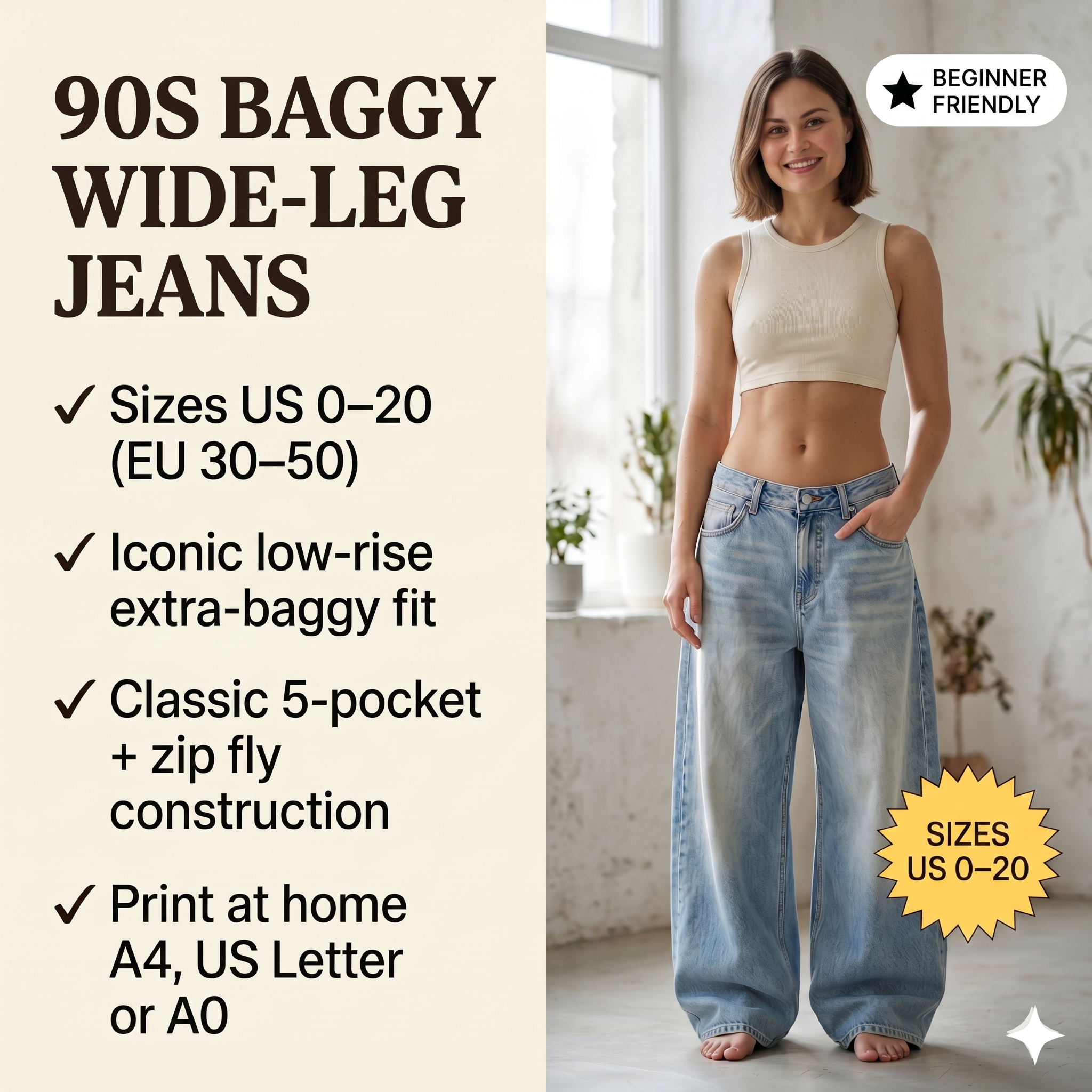 women's 90 Inspired Low Loose Baggy Jeans Pattern | Wide Leg Denim Pants | Digital PDF Sewing Pattern-Extra Loose Fit Denim Pattern